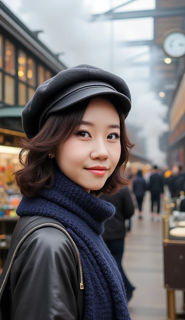 1 Korea girl,  aviator hat ,   solo,   steam punk, train station,  , steam, smoke, masterpiece, highly detailed,HDR,8k resolution, best quality, detail eyes, detail nose, detail lips,