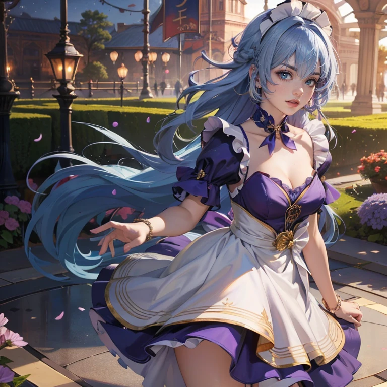 Robin_(Honkai star rail), 1girl, dress, solo, collarbone, long flowing hair, blue hair, floating hair, ornament hair, perfectly body, gold jewelry, jewelry, maid, maid dress, perfectly hands, on garden, petals, white roses, centered girl, maid, maid dress, purple dress, maid apron, white apron, maid headdress, short skirt, more details on her clothes, stomach, dress with transparency, golden details, night, smiling, firefly, sparkling, Best quality, cleavage, small skirt, full Body