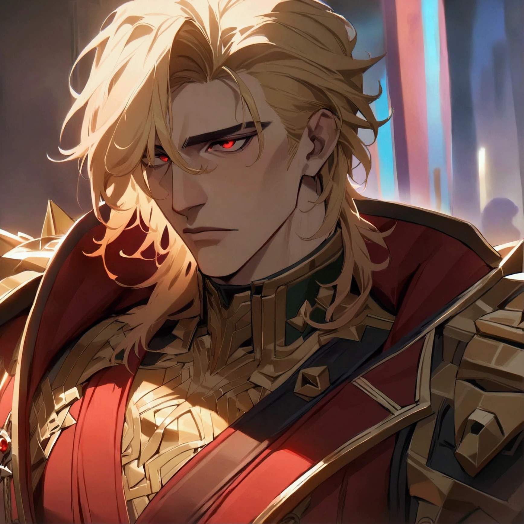 masterpiece, newest, absurdres, safe, high detailed, masterpiece. high detailed, male, relaxed, elegant, Cyberpunk male, Handsome, Long Blonde hair, Red eyes, Sanguinius, Male, Nonchalant, Beautiful, Upperbody. male, masculine male, Handsome male. Sanguinius, Warhammer 40k style