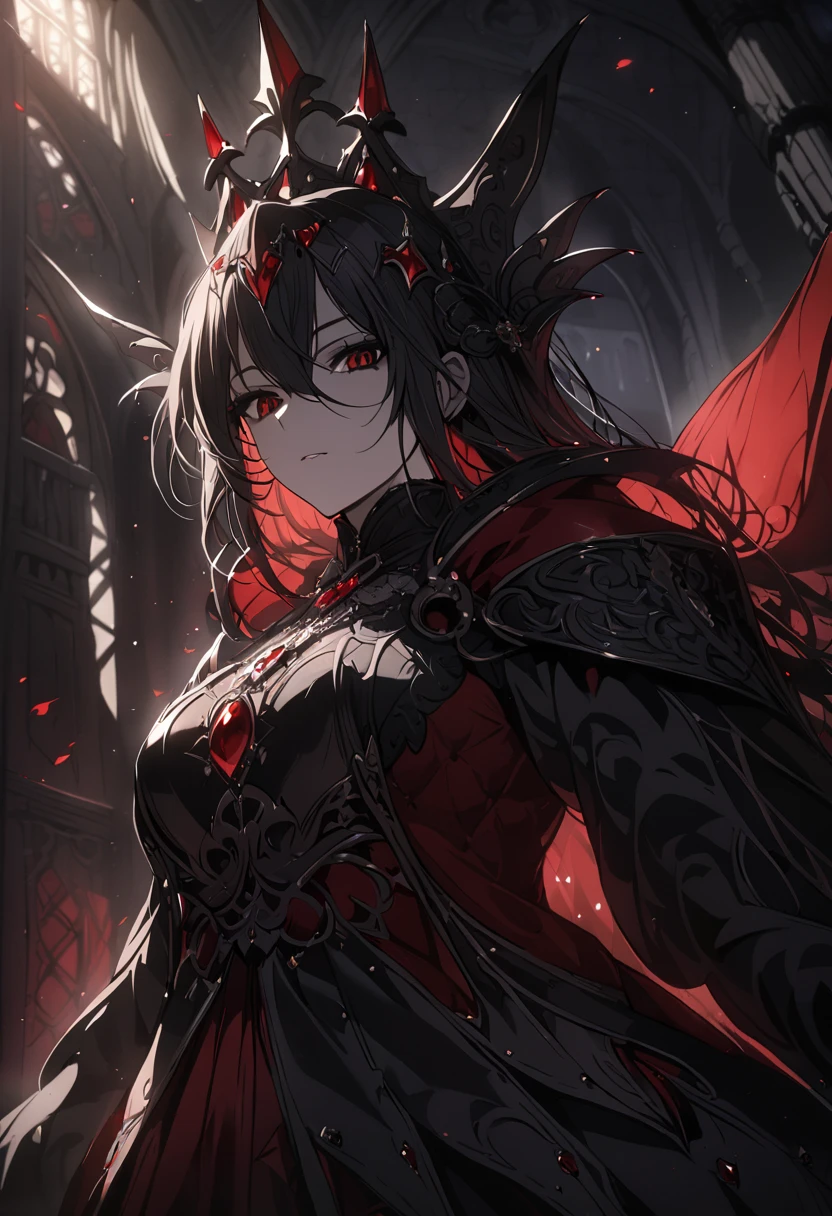 Vampire queen, black armor, red cloak, cinematic lighting, highly detailed face, intricate details, epic fantasy, dramatic shadows, 8k, best quality, masterpiece, professional, Cathedral setting 