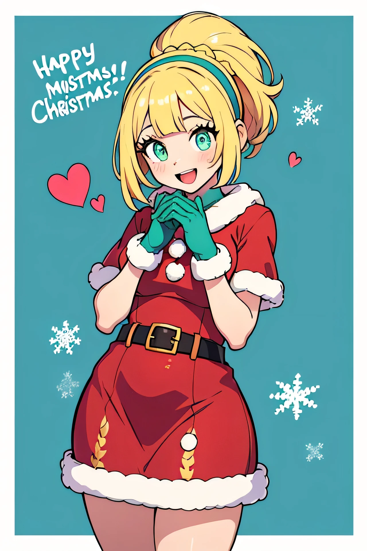 score_9, score_8_up, score_8, medium breasts, (curvy), cute, eyelashes, LllLn, :d, alternate costume, aqua background, arched back, belt, blonde hair, blue eyes, blue hair, blush, border, braid, bright pupils, brown belt, brown gloves, christmas, clenched hands, dress, eye contact, eyelashes, gloves, green eyes, hairband, happy, heart, high ponytail, kinocopro, zzLana, zzLillie, looking at another, milestone celebration, nintendo, pokemon sm, ponytail, red border, red dress, santa costume, short dress, short hair, smile, star (symbol), yellow hairband, long hair, bangs, white pupils, merry christmas, ,embedding:zPDXL, Expressiveh,