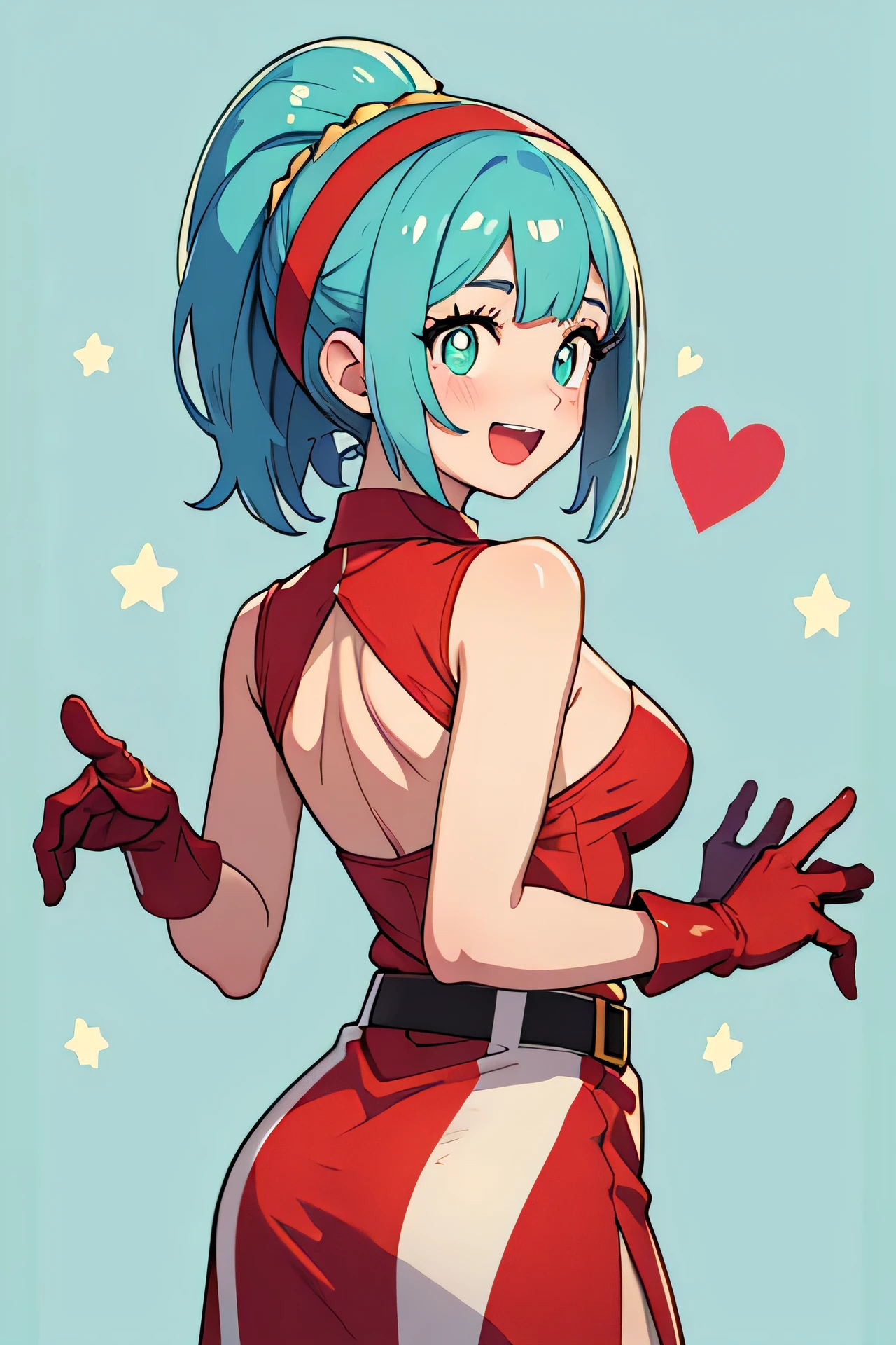 score_9, score_8_up, score_8, medium breasts, (curvy), cute, eyelashes, LllLn, :d, alternate costume, aqua background, arched back, belt, blonde hair, blue eyes, blue hair, blush, border, braid, bright pupils, brown belt, brown gloves, christmas, clenched hands, dress, eye contact, eyelashes, gloves, green eyes, hairband, happy, heart, high ponytail, kinocopro, zzLana, zzLillie, looking at another, milestone celebration, nintendo, pokemon sm, ponytail, red border, red dress, santa costume, short dress, short hair, smile, star (symbol), yellow hairband, long hair, bangs, white pupils, merry christmas, ,embedding:zPDXL, Expressiveh,