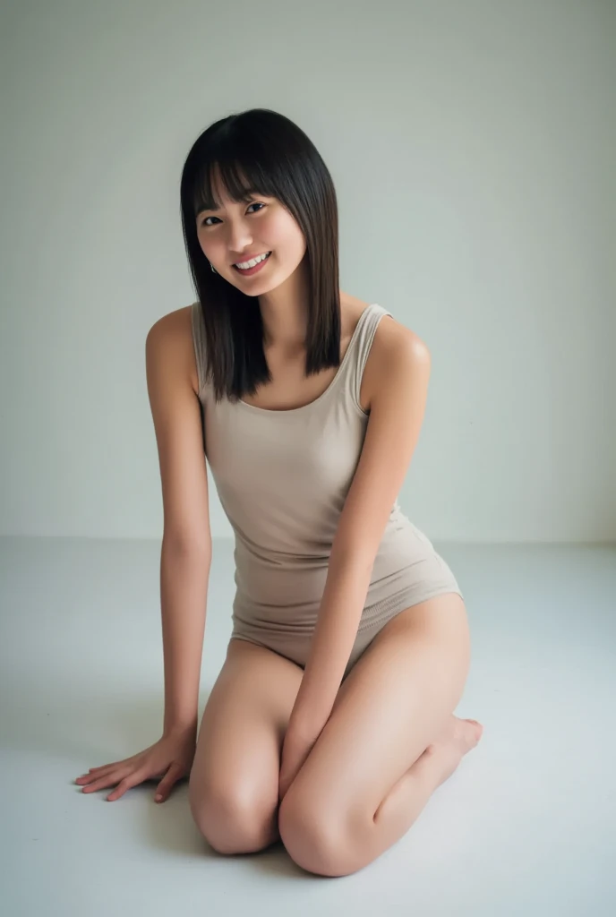  A smiling woman is completely naked and posing on all fours, Full body display、The background is a monotone 、
