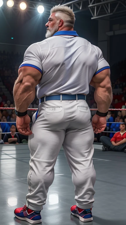 Ginger man in a wrestling singlet, huge ass, comically massive ass, tight wrestling singlet, large boy booty, bubble butt, man bubble butt, thick, thicc, thick thighs, thick ass, athletic, fit, round ass, full ass, wide ass, wrestling singlet, big bulge, clean shaven