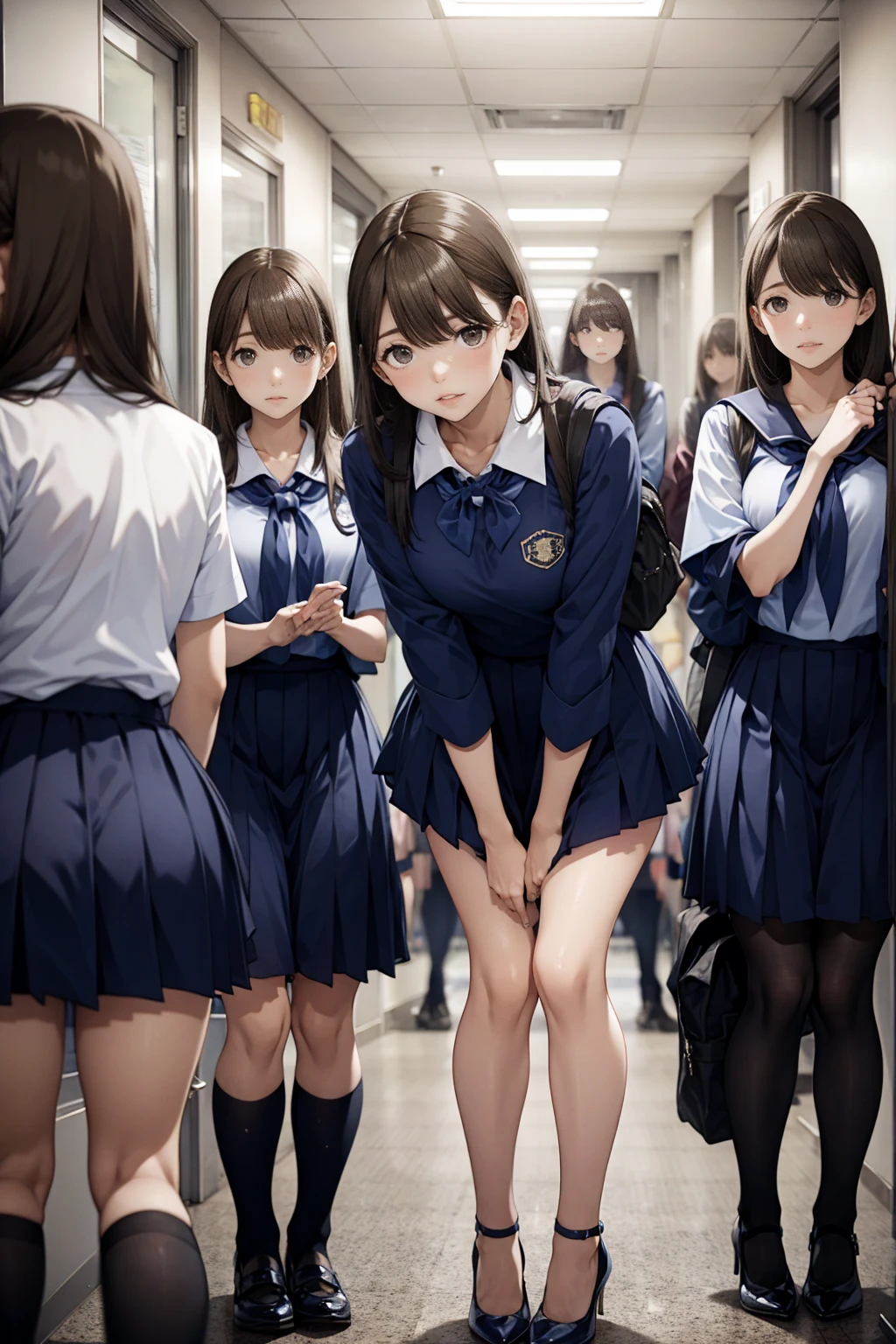 3 girls, teachers, very beautiful and slim, in a mini skirt, bangs, tie, a stern look