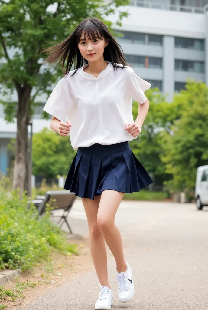 A realistic Japanese high school girl, carefully drawn down to the smallest detail, is dashing at full speed in a loose blouse and pleated skirt with an inseam length、
