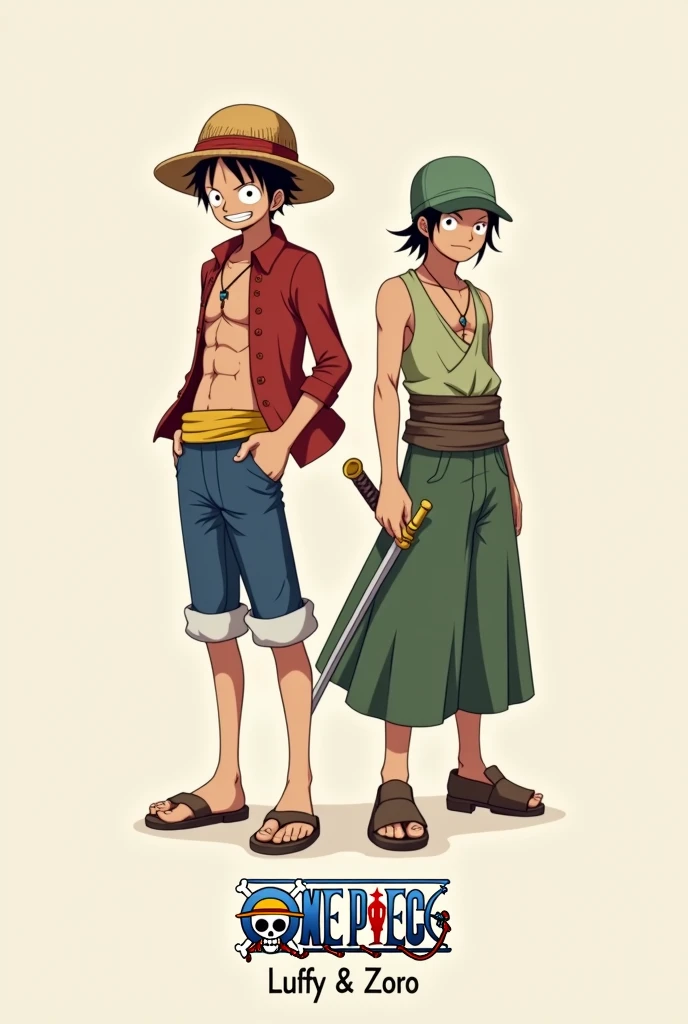Monkey D. Luffy and a fraternal twin brother beside him. They look exactly alike in heights and appearance. One twin is wearing a hat while the other is not wearing a hat. The twin that is not wearing the hat has golden brown fur in areas like Sun Wukong similar to a monkey. The fur is not thick. They look like seventeen years old.