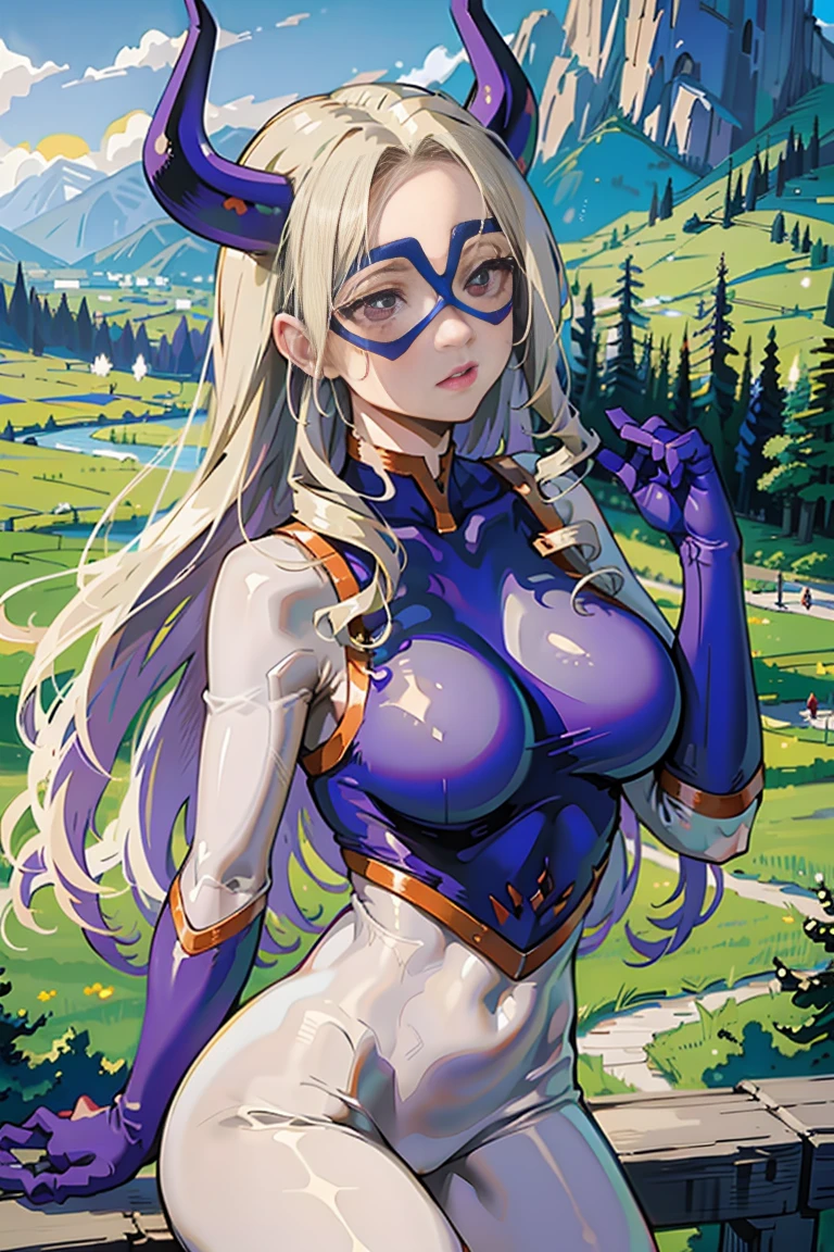 masterpiece, best quality, newest, 1girl, cowboy shot, mt_lady, red eyes, blonde hair, long hair, drill hair, bright pupils, domino mask, two-tone bodysuit, skin tight,
large breasts, lips, giantess, size difference, holding human, 1boy, cupping hands, outdoors, grass, field, mountains, landscape, nature, wariza,