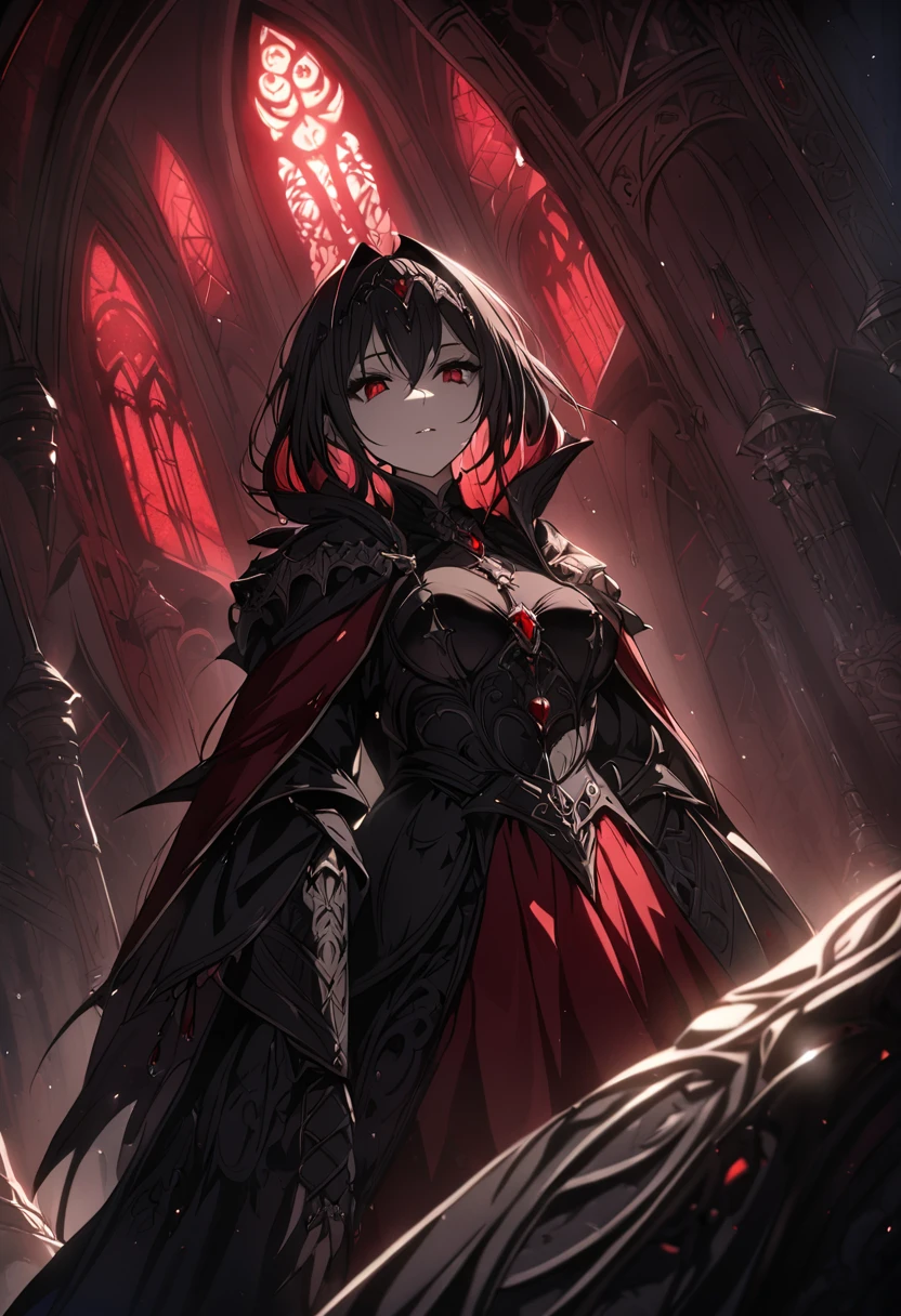 Vampire queen, black armor, red cloak, cinematic lighting, highly detailed face, intricate details, epic fantasy, dramatic shadows, 8k, best quality, masterpiece, professional, Cathedral setting 