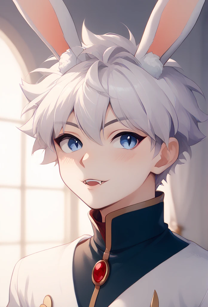 , a beautiful boy with clear white skin 、The hairstyle is a vampire 、 blue eyes 、Beautiful Boy、 a boy with rabbit ears, rabbit ears, killua analsex