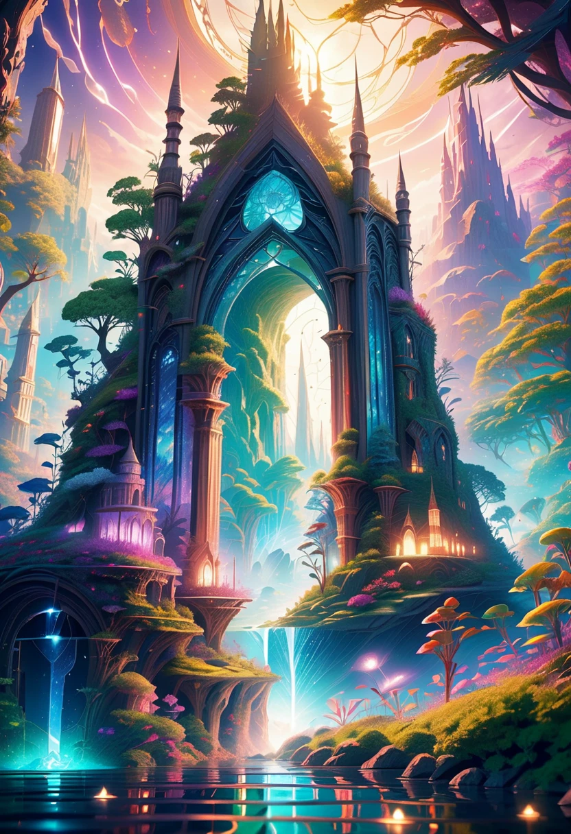 a fantasy world with, magical portal, everything magical, magical atmosphere, photorealistic, highly detailed, best quality, 4k, intricate magical portal, glowing runes, ethereal landscape, floating islands, magical floating city, towering magical spires, lush fantasy foliage, mystical energy, warm lighting, vibrant colors, dramatic shadows, cinematic composition