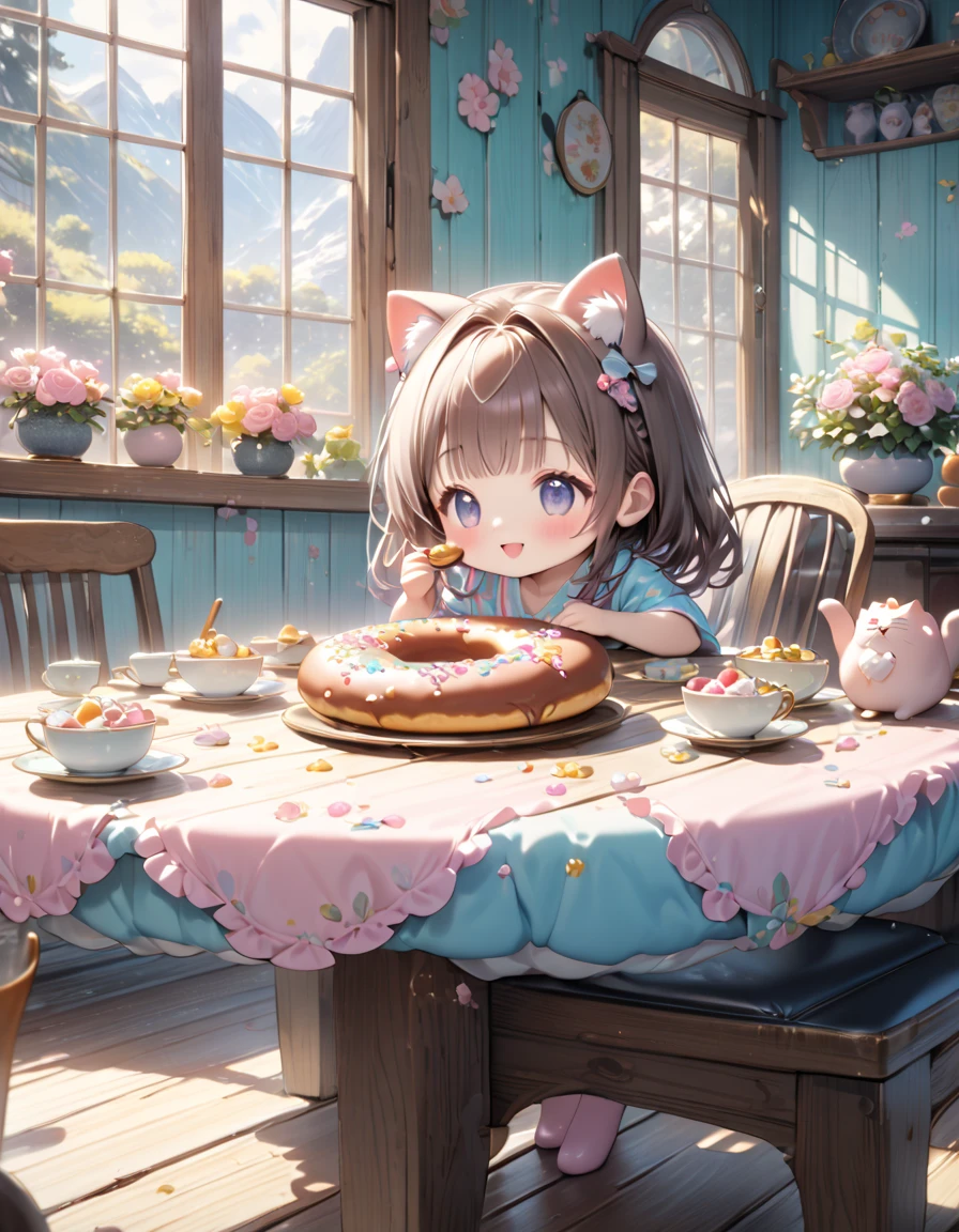 (masterpiece, ultra-detailed, best quality, clear focus, dramatic scene, cinematic), shadow, (ultra-high resolution, 8k), perfect anatomy, perfect face, (detailed face, detailed eye, chibi), cute Japanese chibi girl, famous Japanese chibi idol, very beautiful and cute and cool face, (wearing a cute colored room wear:1.3), (large breasts), (She is enjoying her breakfast of pastel colored chocolate covered doughnuts:1.3), antique table and chair, sitting, at the dining room in the log house, in the morning, (detailed giant fat cat:1.2), she looks so happy, the cat is mewing, there are cute furnishings in her room, Flower pot and cat in bay window, many cats are surrounding her, fireplace