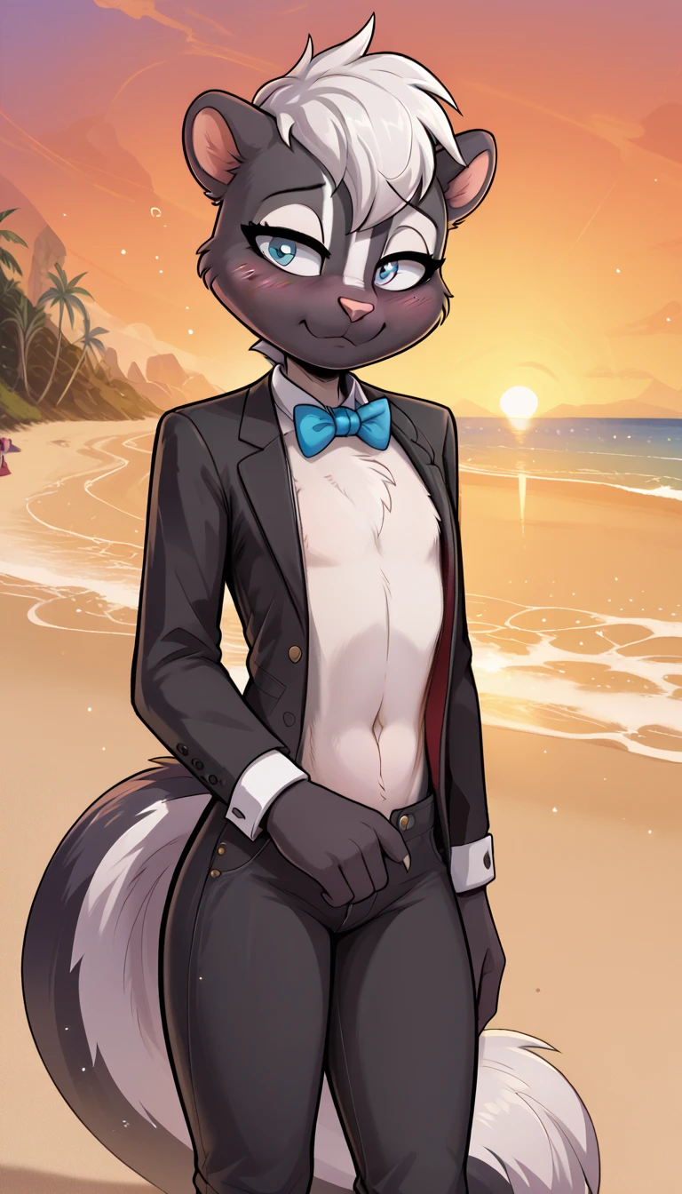 masterpiece, best quality, nervous expression, male, anthro, furry, black fur, fluffy fur, French skunk boy, furry, skunk ears, animal nose, cute eyes, blue eyes, skunk tail, white hair, long stable hair, (white hair), solo, (beach), sunset, detailed, French black tuxedo suit with black tuxedo jeans, shy, head tilt, adult (19 years), flat chest, thick thighs, half-closed eyes, blush, looking at the viewer, standing, (kilinah), light particles, score_9, score_8_up, score_7_up, score_6_up, score_5_up, score_4_up