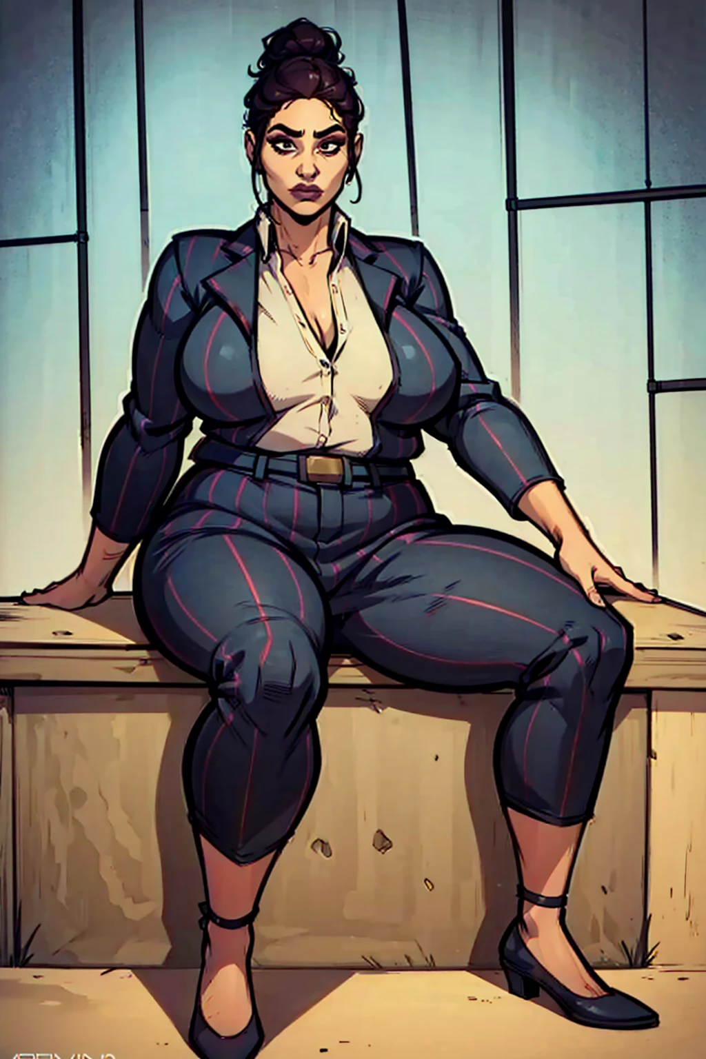 Digital art, angled view, sexy sitting pose, full curvy figure, mature woman, adult female, whole body, form-fitting, Jane Romero (Dead by Daylight game) inspired costume, pinstriped blazer, blouse, belt, pinstriped baggy pants that ends above the ankle, belt, flat office heels, 1woman, solo, upper body, lower body, ((Extremely Detailed)), ((Best Quality)), ((Masterpiece)), ((4k)).
