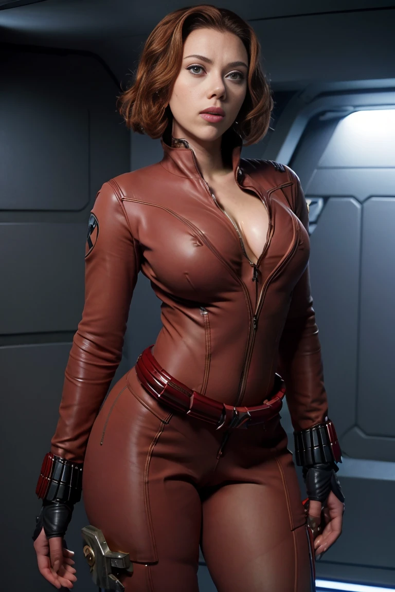 ((best quality)), ((masterpiece)), ((Scarlett Johansson)) (detailed), perfect face, 30 year old woman, Sensual pose, nude, Inside a spaceship, wearing red swingsuit,  traje ajustado sexy, big breast cleavage , big butt, small waist, full body