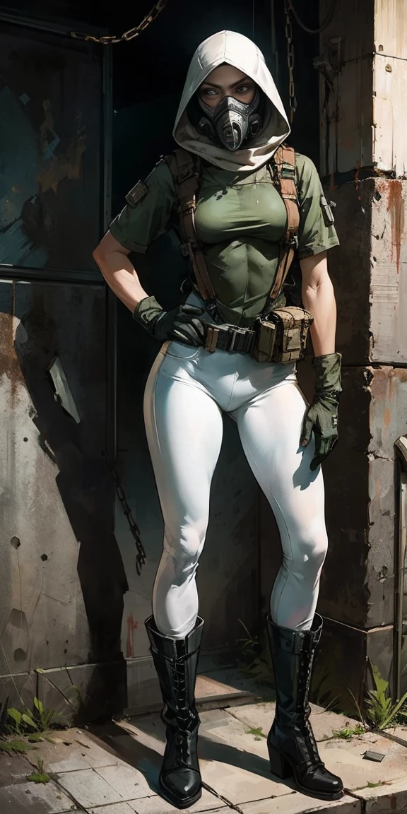 1 Girl (implying one person, likely female)
Full Body: Standing with perfect symmetry
Body: Defined physique, long toned legs. White skin, pale.
Legs: Tight military leggings or rugged jeans with a sleek, form-fitting design. High-heeled military boots, sturdy yet stylized.
Theme: Set in a dark, post-apocalyptic world inspired by Chernobyl/Pripyat, STALKER video game, decaying urban landscapes. The environment includes abandoned buildings, overgrown vegetation, and strange, glowing phenomena. Inspired by Stalker video game series.
Stalker: Wearing tight military leggings or jeans paired with a tactical vest. No corset or latex elements. Practical yet fitted gear suitable for survival. Additional details include rugged gloves, a utility belt, and perhaps a hooded cloak or scarf.
A motif incorporated into her gear: Radiation symbols, glowing artifacts, chains, and hints of gas masks or protective equipment integrated into her look.

Visual Style: 
Hyper Realistic: Incredibly lifelike detail
Masterpiece: Exceptional quality
8K Resolution: Sharp and high definition
Detailed Drawing: Intricate and richly textured
Superior Quality: The best possible rendering
Dark Composition: Dramatic, dark, post-apocalyptic, S.T.A.L.K.E.R, shadow of chernobyl 
