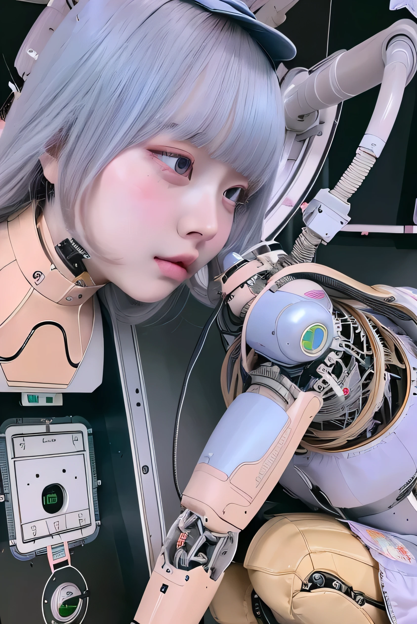 masterpiece, best quality, extremely detailed,portrait,front view,Japaese android girl,Plump,pastel color uniform, control panels,android,Droid,Mechanical Hand, Robot arms and legs,Blunt bangs,long tube,thick cable connected her neck