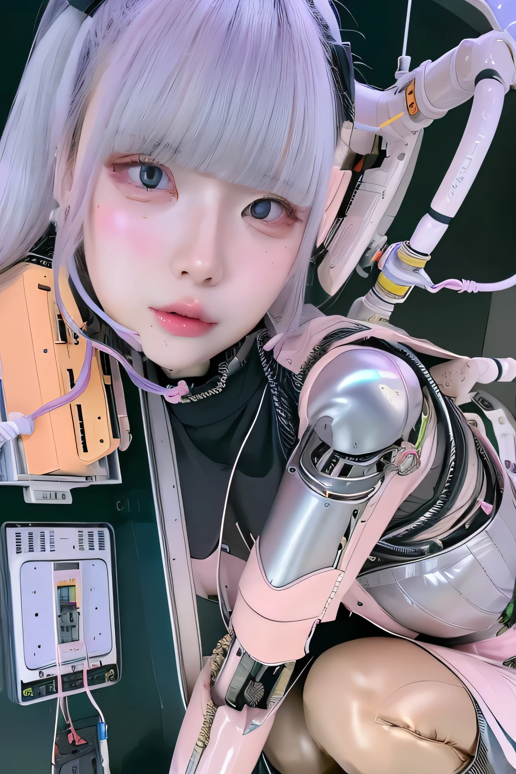 masterpiece, best quality, extremely detailed,portrait,front view,Japaese android girl,Plump,pastel color uniform, control panels,android,Droid,Mechanical Hand, Robot arms and legs,Blunt bangs,long tube,thick cable connected her neck