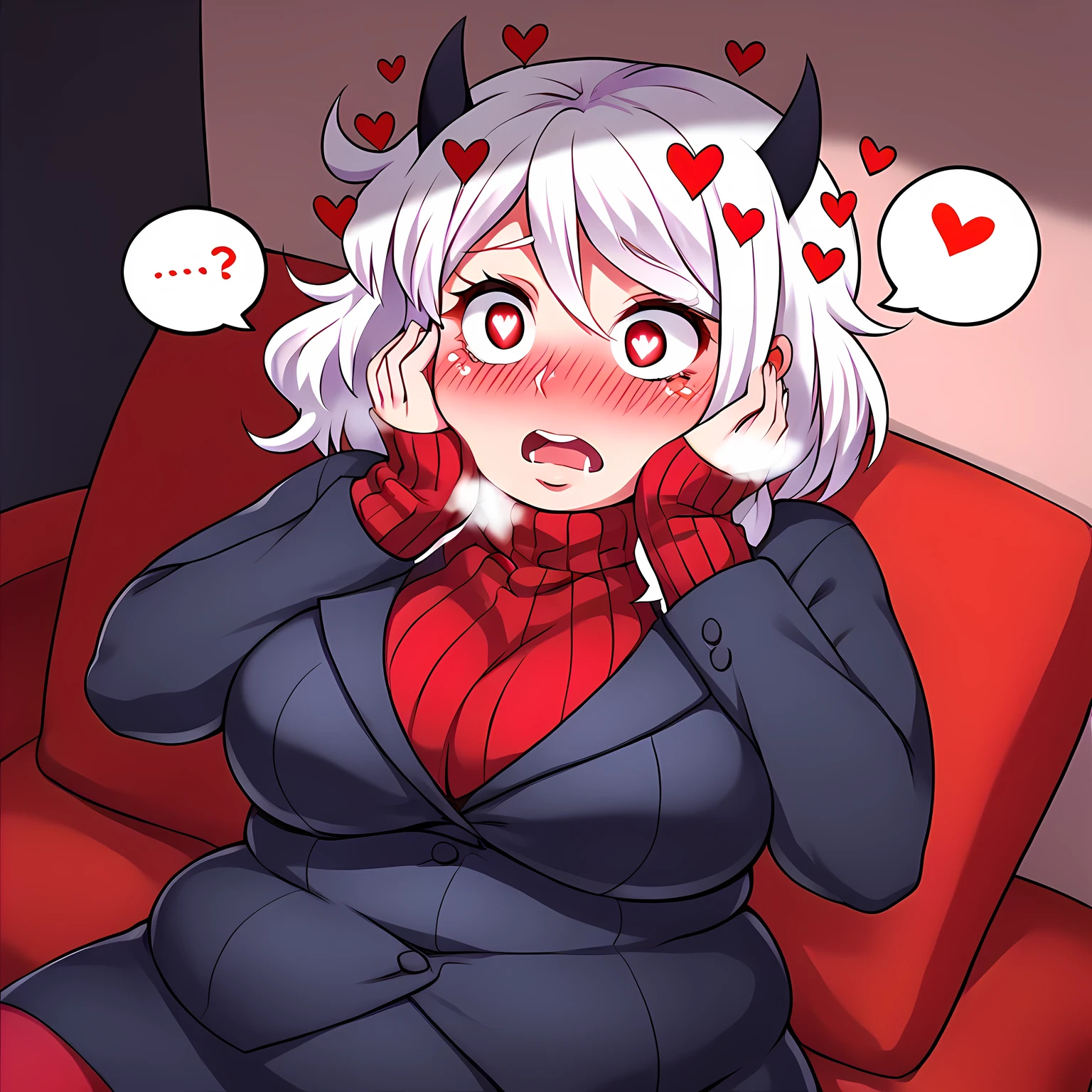 score_8_up, score_7_up, score_6_up, score_5_up, score_4_up, anime screenshot, uncensored,
 1girl, solo, modeus (helltaker), heart-shaped pupils, heart, horns, red eyes, white hair, sidelocks, (jacket:1.2), red sweater, skirt, red pantyhose, 
apartment, living room, tv, on couch, arms behind back, 
nyantcha swollen face, fat, chubby, obese, open mouth, out of breath, absurdres, highres icon, rating:General, confused, blush, spoken question mark, {flustered}, nervous sweating, portrait, pov hands, hand on another's cheek, averting eyes, [looking away], straight-on, from above,  upper body, masterpiece, best quality, ultra-detailed, high resolution, 8K, absurdres, highres icon,