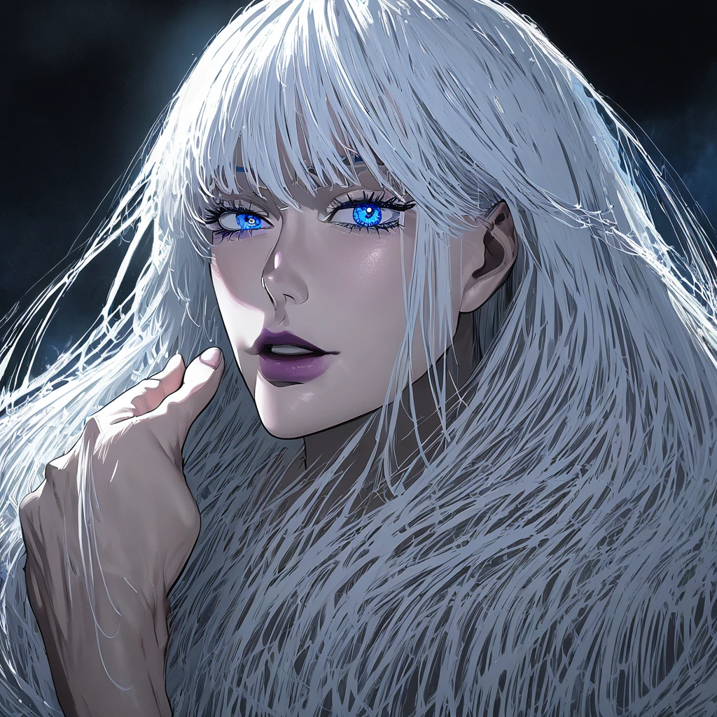 Female gojo, jujutsu kaisen style, anime style, white hair long hair, black bandana covering the eyes, exposed body, nsfw, erotic smile, erotic scene, nude, exposed breasts, red energy ball left side, blue energy ball right side, (best quality,4k,highres,masterpiece), artistic style,subdued colors, vivid colors, professional lighting, detailed lips, detailed eyes.