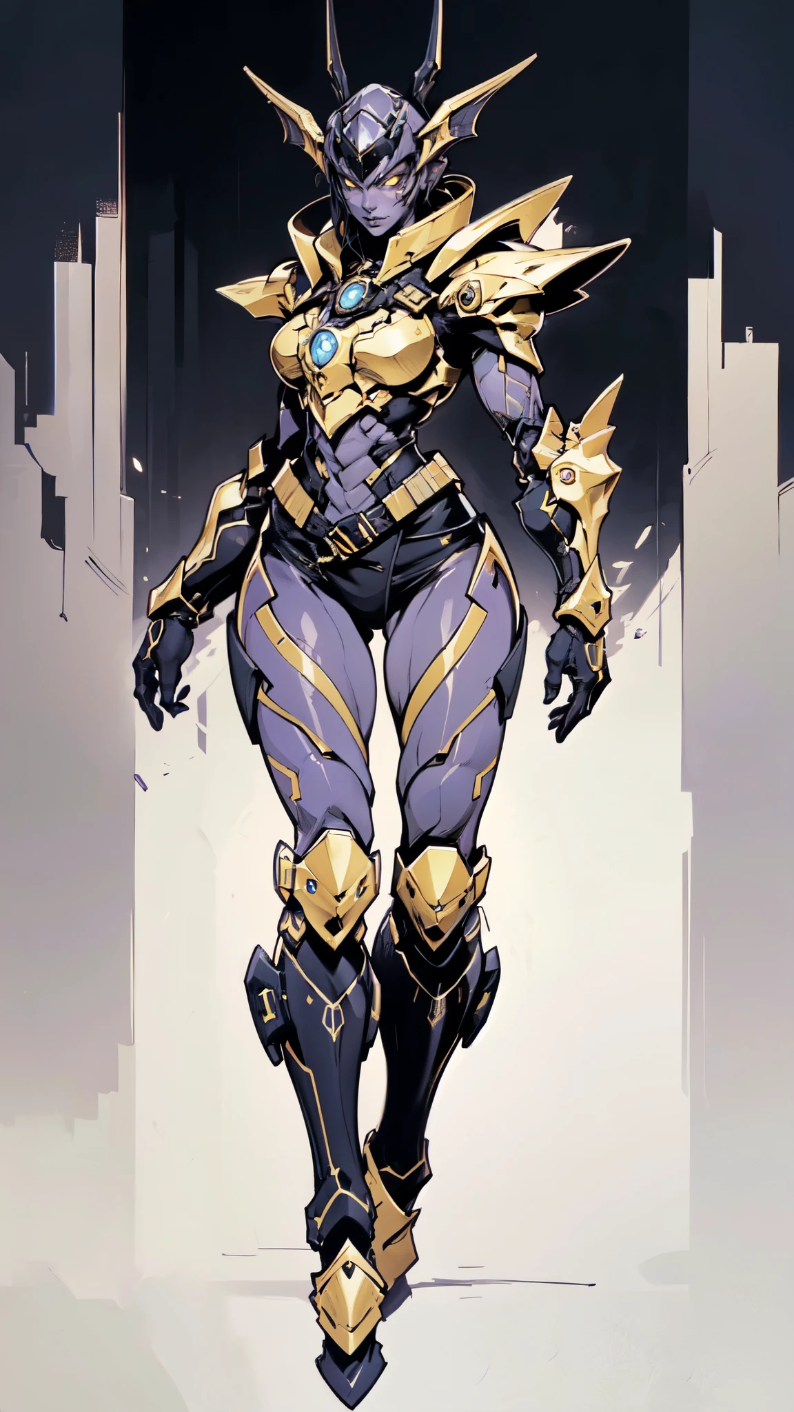 (masterpiece:1.5, best quality:1.5, extremely delicate:1.5), a woman wearing a full-face helmet, high-tech biomimetic armored combat suit, (a composite layered chest armor), the design balances heavy with agility, fully enclosed shoulder guards, matching arm and leg guards, a belt of gemstone, (the color scheme is primarily Purple with Blue and Yellow accents, Organic Biotech, Concept Inspired by succubus, glowing eyes, armor glows), stand of a futuristic sci-fi city, this character embodies a finely crafted fantasy-style armored hero in anime style, exquisite and mature art style, metallic, high definition, highres, ultra-detailed, ultra-fine painting, professional, perfect body proportions, golden ratio, anatomically correct, symmetrical face, extremely detailed eyes and face, high quality eyes, creativity, RAW photo, UHD, 32k, Natural light, cinematic lighting, (masterpiece-anatomy-perfect:1.2)