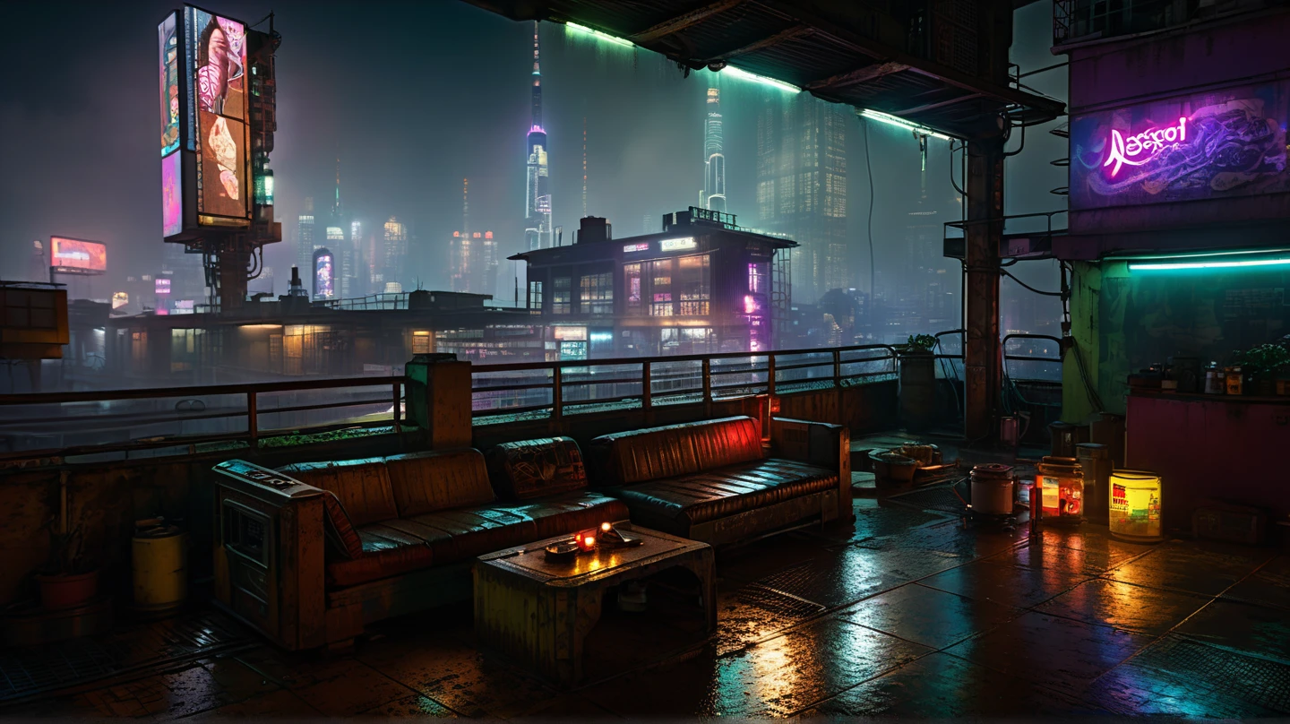 cyberpunk scene, (ultra detailed), (((Masterpiece))),  (((realistic)),  Masterpiece (highest quality), ((photorealistic: 1.2)),(high quality:1.4), (high resolution:1.3), (incredibly detailed:1.28), cinematic lighting, masterpiece, perfect anatomy, picture tacked from out and little high, A dark, cyberpunk with old pended balcony with long roof overlooking a rainy, neon-lit cityscape at night. The rusty, industrial structure has a damp wooden floor. A worn sofa with cushions creates a cozy feel amid the gloom. Inside, a control panel with dim screens and old posters lines the wall. The balcony faces a misty skyline with blurred skyscrapers and subtle neon glows. The atmosphere is dark, isolated, and gritty, blending warm candlelight with the cold, distant city lights, picture tacked from out and little high -- aspect 16:9