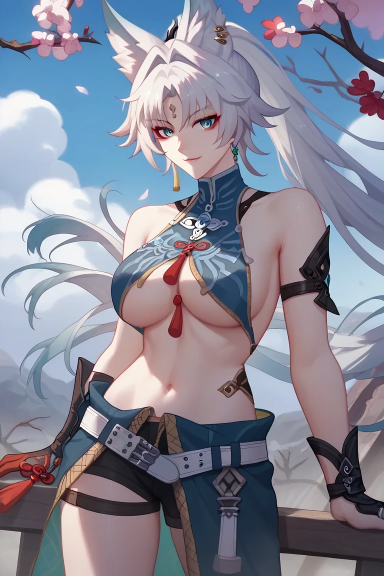 1girl, 18 year old female, Okita Souji Alter, Fate Grand/Order, anime style, ultra realistic, high detail, sexy pose, sexy, beautiful, exposed skin, slender, skinny, exposed breast, breast, nipples, nude, nudity, absurdres, high res, ultrasharp, 8K, UHD, retina, masterpiece, accurate, anatomically correct, perfect anatomy, textured skin, super detail, high details, high quality, award winning, best quality, high res, looking at viewer, detailed eyes, four fingers and one thumb per hand, perfect hands, perfect finger, two arms only, no clothes, revealing, white hair, yellow eyes, dark skin, tanned skin