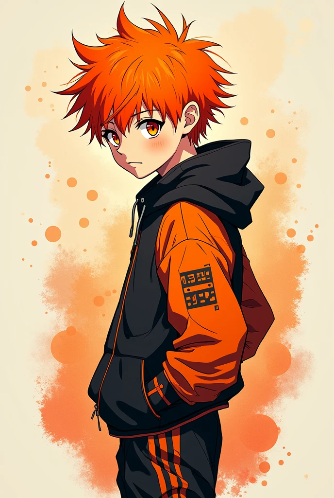 1male, orang hair, orange eyes, bored expression, spikey short hair, black baggy hoodie, neck tattoo, black joggers, spray foggy background