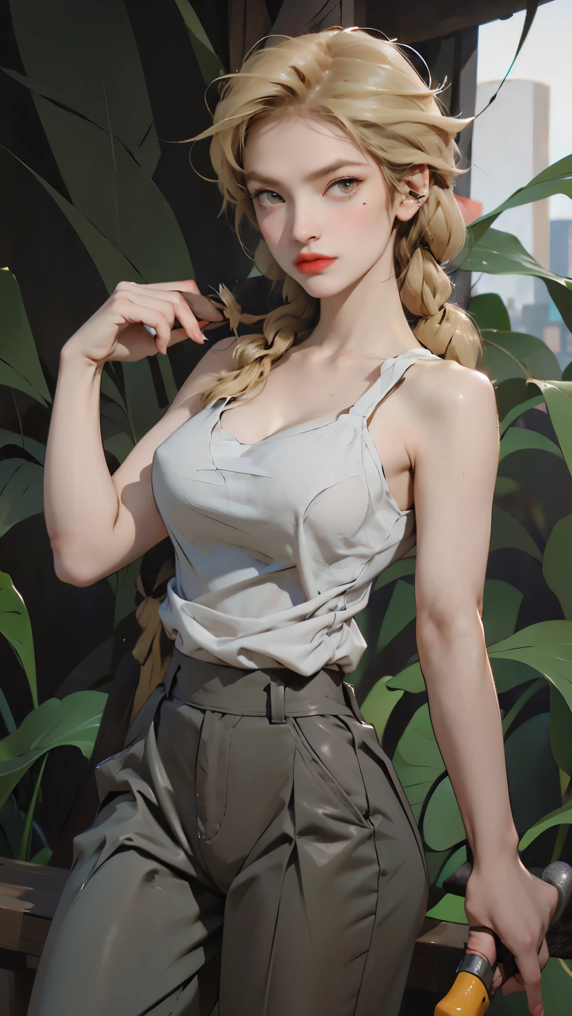 Denise, with helga's hair, evil smirk, blonde hair in braided ponytail, white tank top, cleavage, green pants, old-fashioned pistol in hand, underground cave, wet, nipple bumps