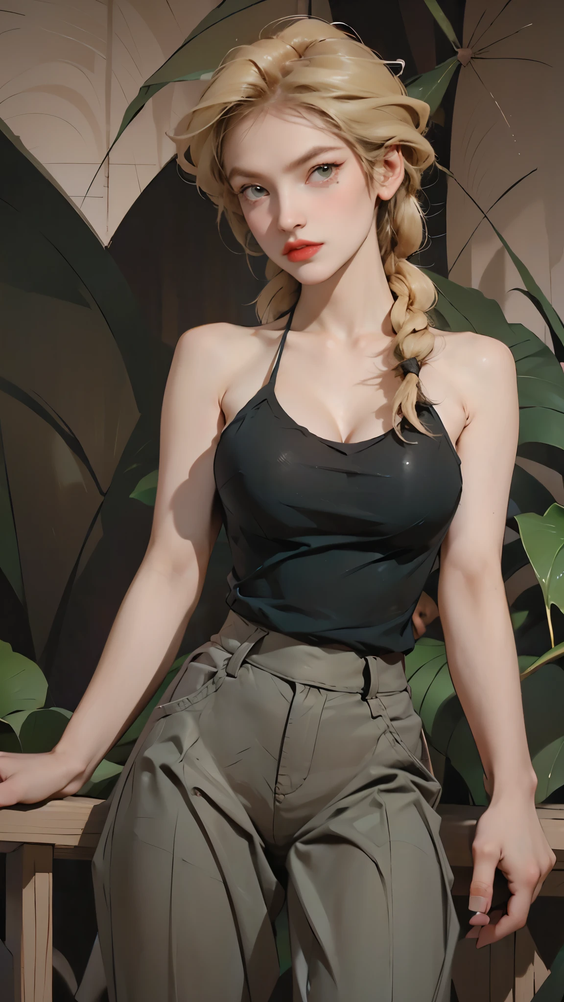 Denise, with helga's hair, evil smirk, blonde hair in braided ponytail, white tank top, cleavage, green pants, old-fashioned pistol in hand, underground cave, wet, nipple bumps