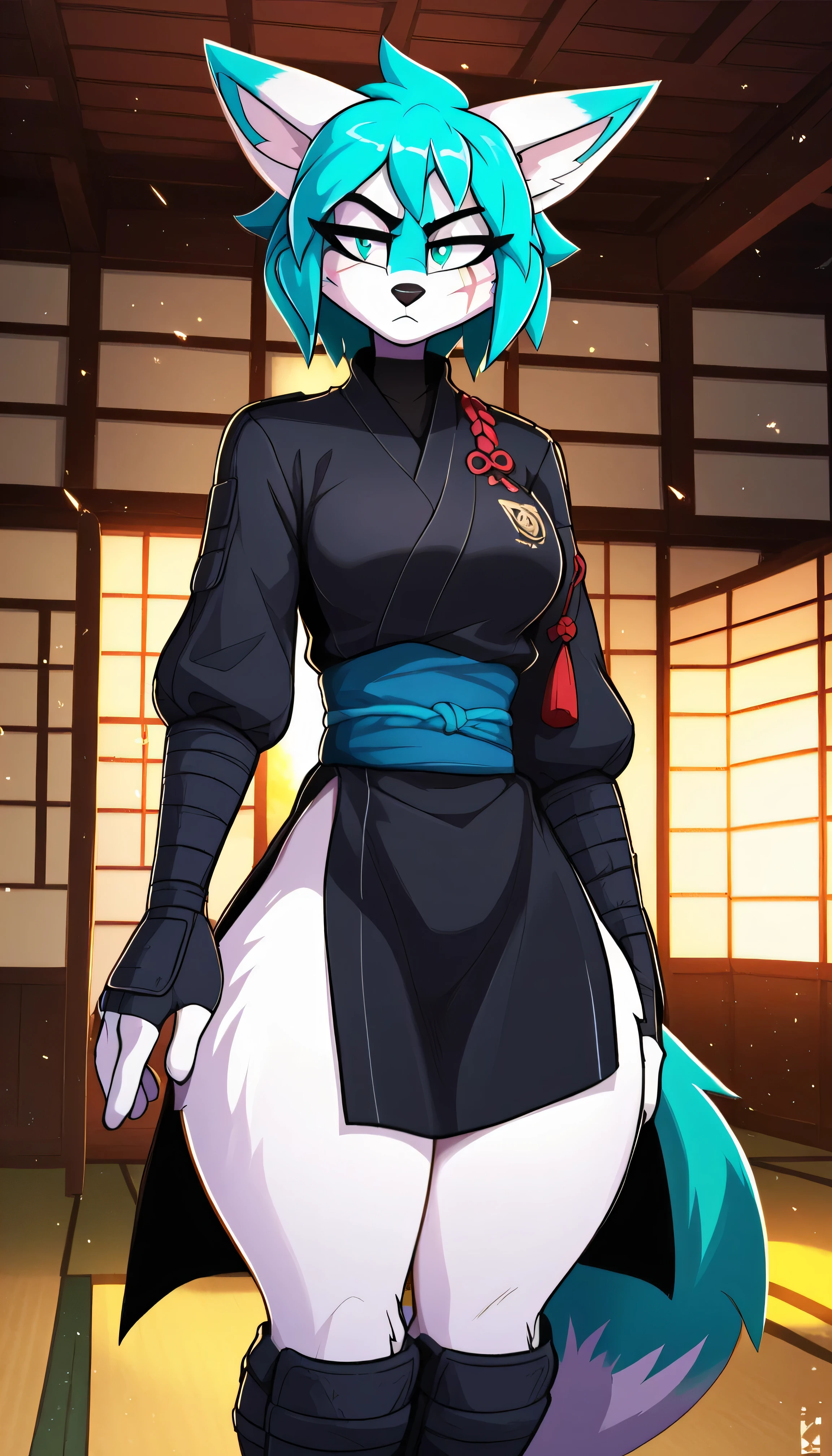 masterpiece, best quality, serious expression, 1girl, anthro, furry, white fur, fluffy fur, artic fox girl, furry, artic fox ears, animal nose, cute eyes, cyan eyes, artic fox tail, cyan hair, short hair, (straight hair), solo, (dojo), detailed, black ninja uniform, eye scar, medium breast, thick thighs, half-closed eyes, looking at the viewer, standing, (kilinah), light particles, score_9, score_8_up, score_7_up, score_6_up, score_5_up, score_4_up