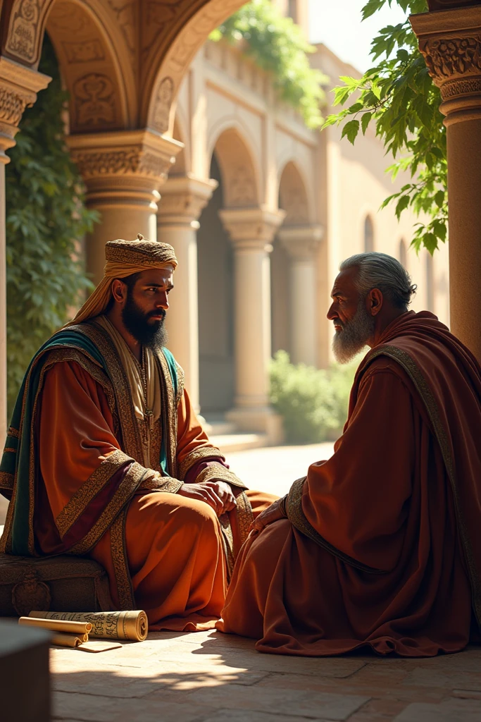 two men sitting on a stone bench talking to each other, calmly conversing 8k, biblical clothing, ghutra and egal, joseph and joseph, still from a live action movie, portrait shot, history drama, edited, beautiful image, sufism, [ colourful, shutterstock, two characters, beautiful man, by Harold von Schmidt, by Robert Brackman