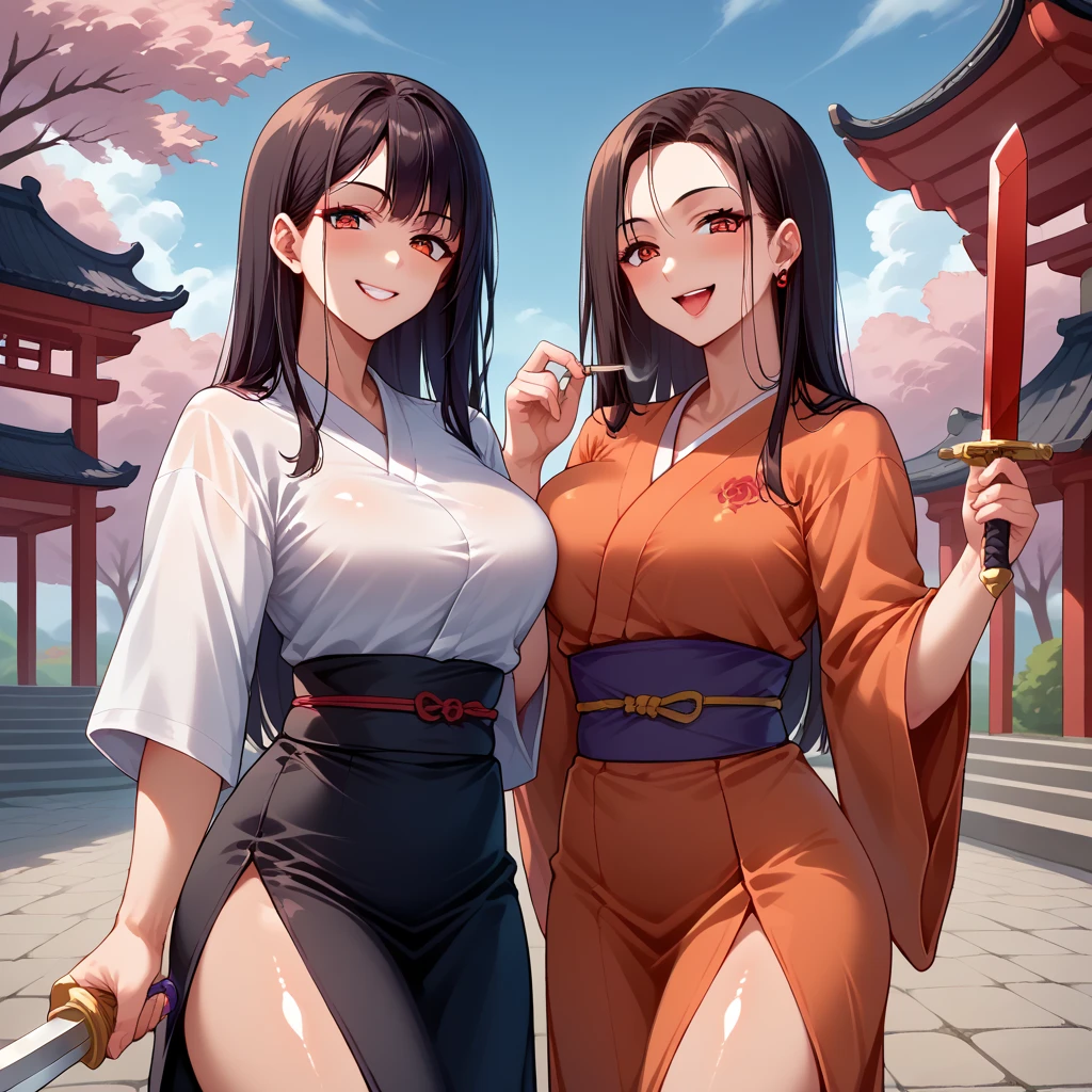  2girls, two girls, smirk, long hair, blush, lipstick, Hot girl, baddie, anime color, large breast,, smoking, sensual, attractive, masterpiece, best quality, highly detailed, a anime girl in kimono dress ,holding sword, bare
shoulder,open kimono, evil smile, open mouth, crop top , (nsfw) not safe for work, smile, ecchi anime
style, anime girls, ecchi style, ecchi, digital anime art!!, in anime style, official artwork, visual novel cg,
beautiful anime girl, anime style 4 k, kimono pencil skirt, exposed belly, exposed navel,
exposed midriff, exposed lower belly, outdoor, japanese architecture, temple,,  tattoo, rose tattoo, tattoo midriff, shiny skin, tongue out