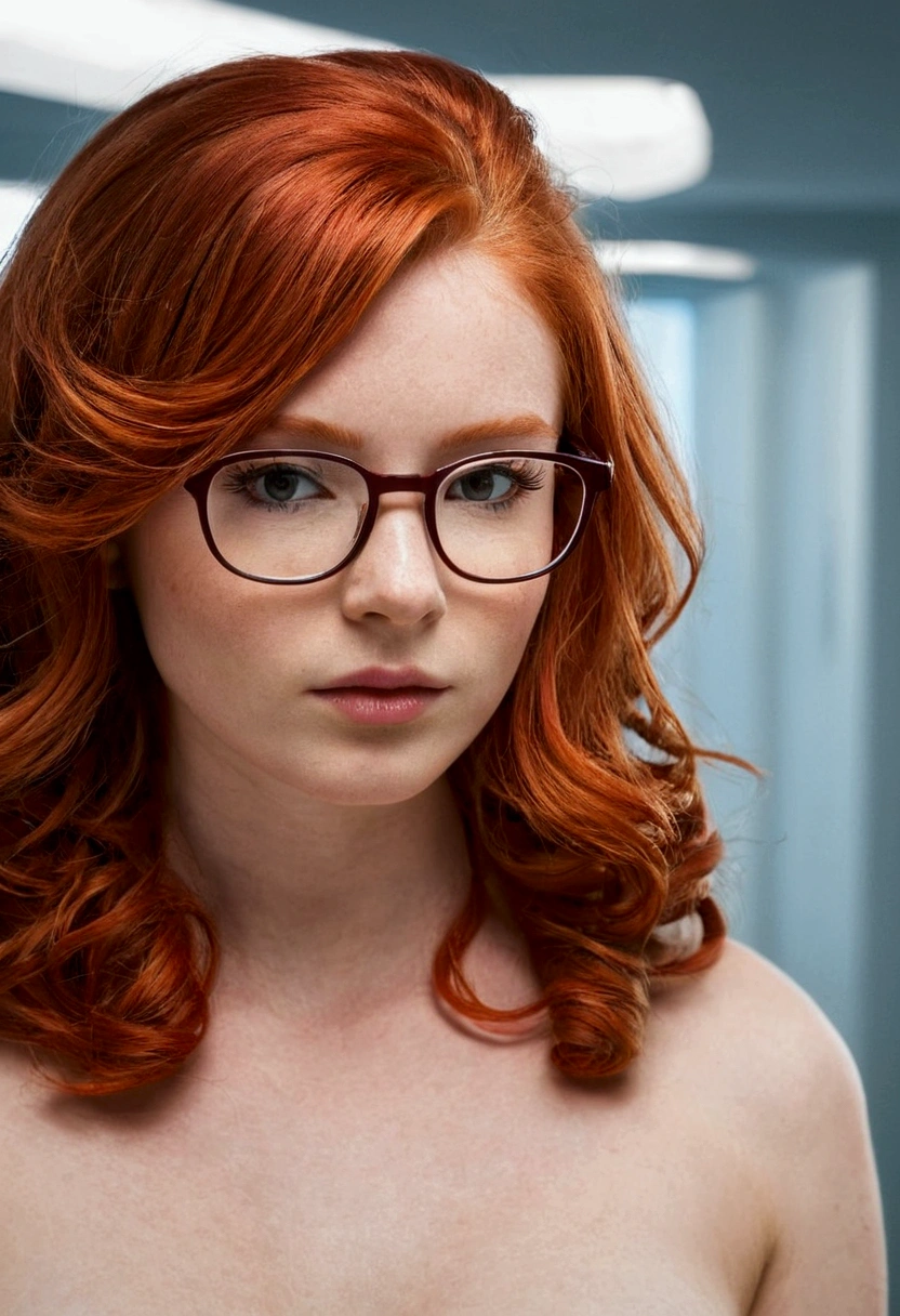 a beautiful naked woman with cherry red hair and glasses, detailed face, beautiful cherry red hair, pale skin, pink nipples, pink vagina, cum on face, taken in the late 2010s, photorealistic, 8k, hyper detailed, cinematic lighting, dramatic color palette, vibrant colors, highly detailed, masterpiece