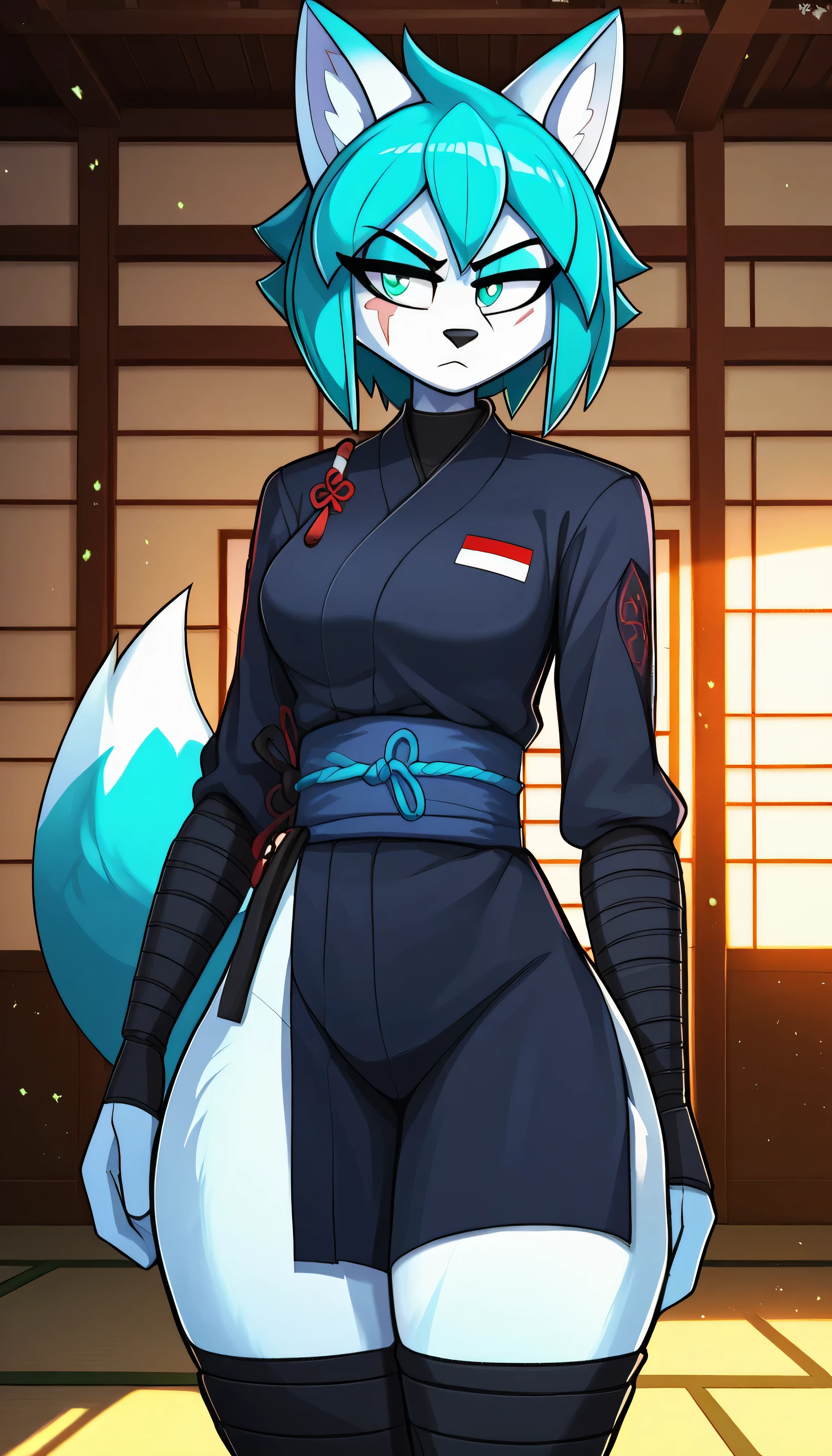 masterpiece, best quality, serious expression, 1girl, anthro, furry, white fur, white body, white face, fluffy fur, artic fox girl, furry, artic fox ears, animal nose, cute eyes, cyan eyes, artic fox tail, cyan hair, short hair, (straight hair), solo, (dojo), detailed, black ninja uniform, eye scar, medium breast, thick thighs, half-closed eyes, looking at the viewer, standing, (kilinah), light particles, score_9, score_8_up, score_7_up, score_6_up, score_5_up, score_4_up
