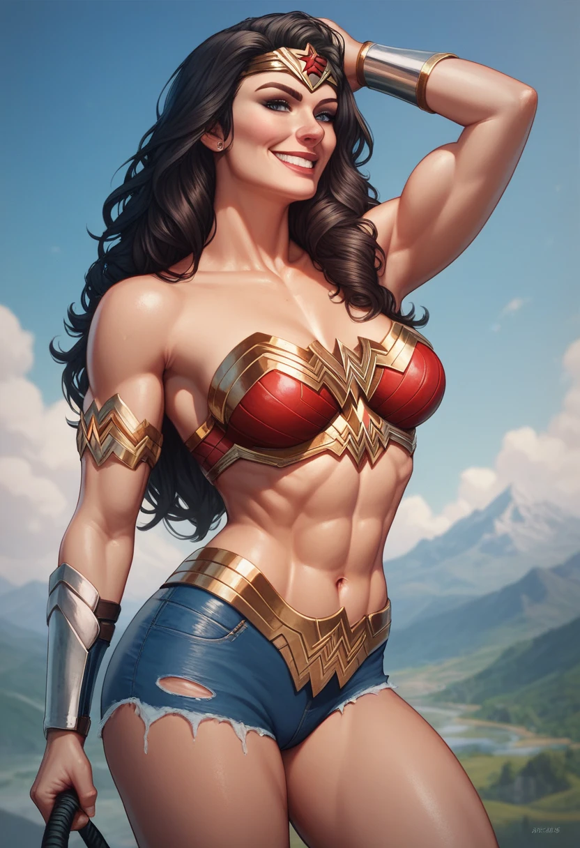 Full body image of Wonder Woman, full body in image, wearing her original outfit (red and gold bustier, blue shorts with white stars, gold tiara, bracelets, and red boots), long hair, female body, muscular and athletic body, dynamic pose, detailed pose, simple background, expressive face, focus on face, line art, sketch