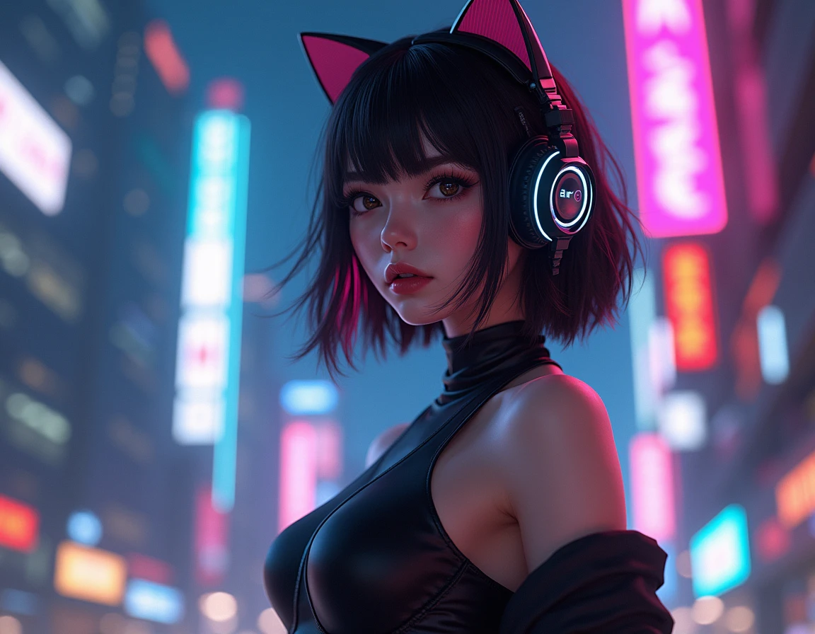 Super Resolution, (Realistic: 1.3) 1 Girl, Cyberhan, Cyberpunk City, Night, Neon, Lantern, Solo, Delicate Face, Delicate Eyes, Short Hair, Cat, Full Body, Back, Back to the Audience