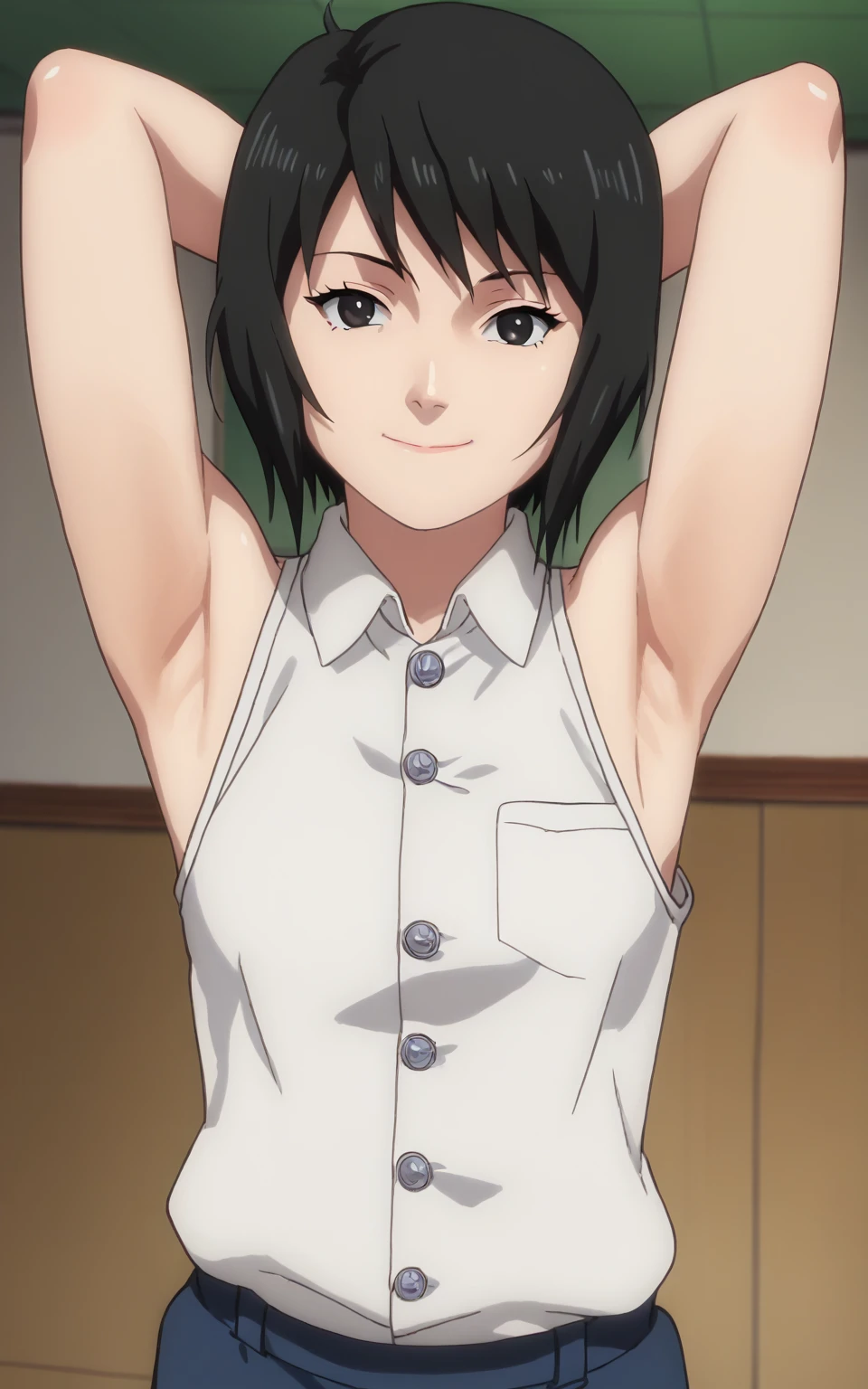 score_9, score_8_up, score_7_up, source_anime, anime screencap, 1girl, solo, shizune, mature, short hair, white shirt, sleeveless shirt, collared shirt, buttons, sleeveless, bare shoulders, bare arms, arms behind head, armpits, from above, looking at viewer, head towards viewer, smile, closed mouth, badhandv4, indoors 