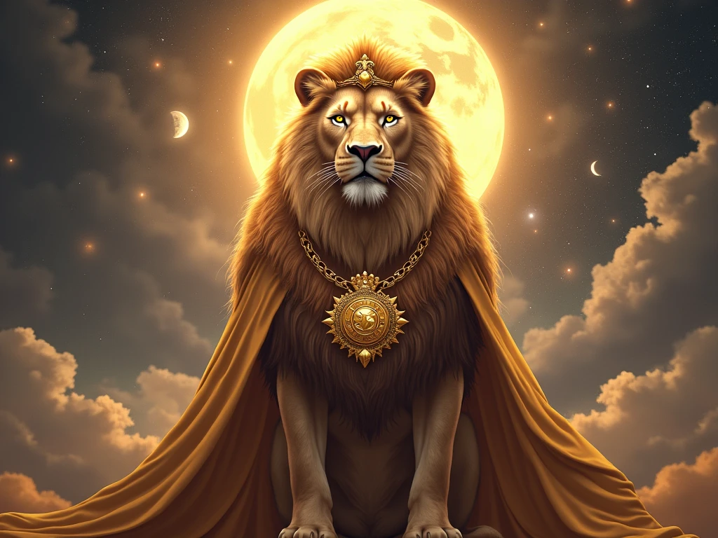 Photograph taken from afar of a humanoid lion in full king's outfit sitting on the throne, with background nebula ((best anatomy)) hyperrealism, realism, proportional, total quality, stylized