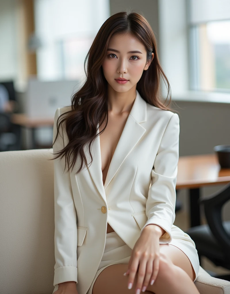 Next to the pool table, Best quality at best, realisticlying, ultra - detailed, finely detailled, A high resolution, 8k wallpaper, 1 Beautiful woman,, light brown messy hair, dressed in a suit, tack sharp focus, Perfect dynamic composition, 美丽细致的眼睛, Delicate hair, Detailed and realistic skin texture, Smiling, closeup portrait, Model body type，Long legs，full bodyesbian