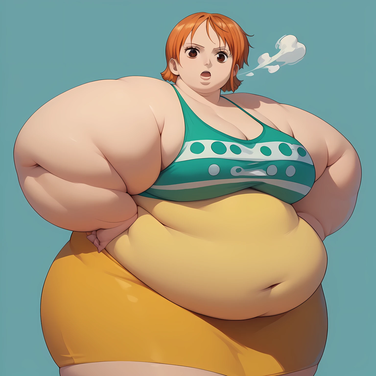 solo,
Nami,1girl,orange hair,brown eyes,
short hair,
tank_top,yellow skirt, fat, chubby, obese, gigantic arms and legs, large breasts open mouth, out of breath