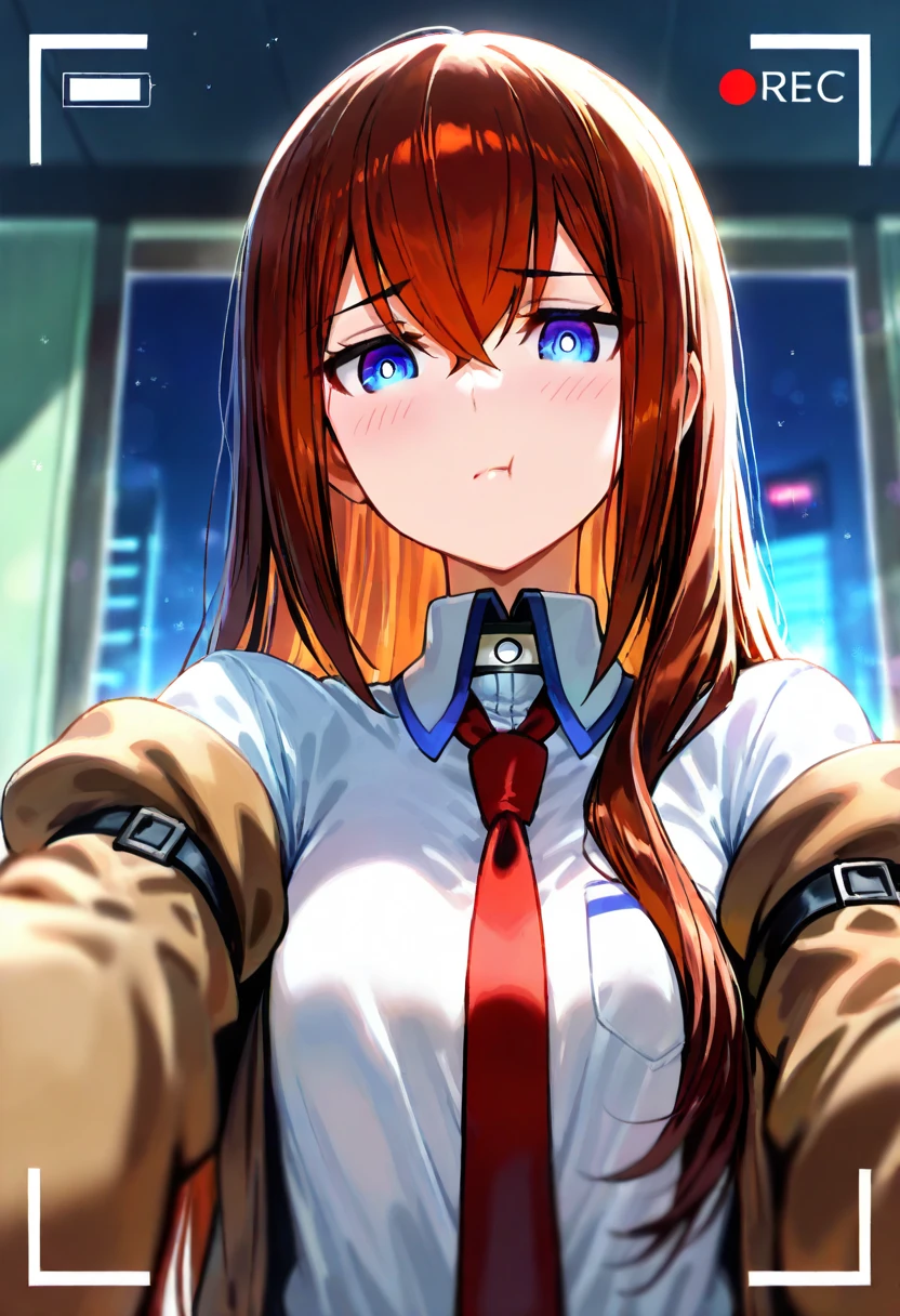 masterpiece, best quality, good quality, aruhshura,
steins;gate, makise kurisu, 1girl, arm strap, bangs, blue eyes, brown hair, brown jacket, closed mouth, collared shirt, depth of field, expressionless, eyebrows visible through hair, from below, hair between eyes, indoors, jacket, light blush, light particles, long hair, looking at viewer, necktie, off-shoulder jacket, off shoulder, reaching towards viewer, red necktie, shirt, solo, straight hair, upper body, white shirt, window, dim lighting, chiaroscuro, night, pout, recording, from below, 
