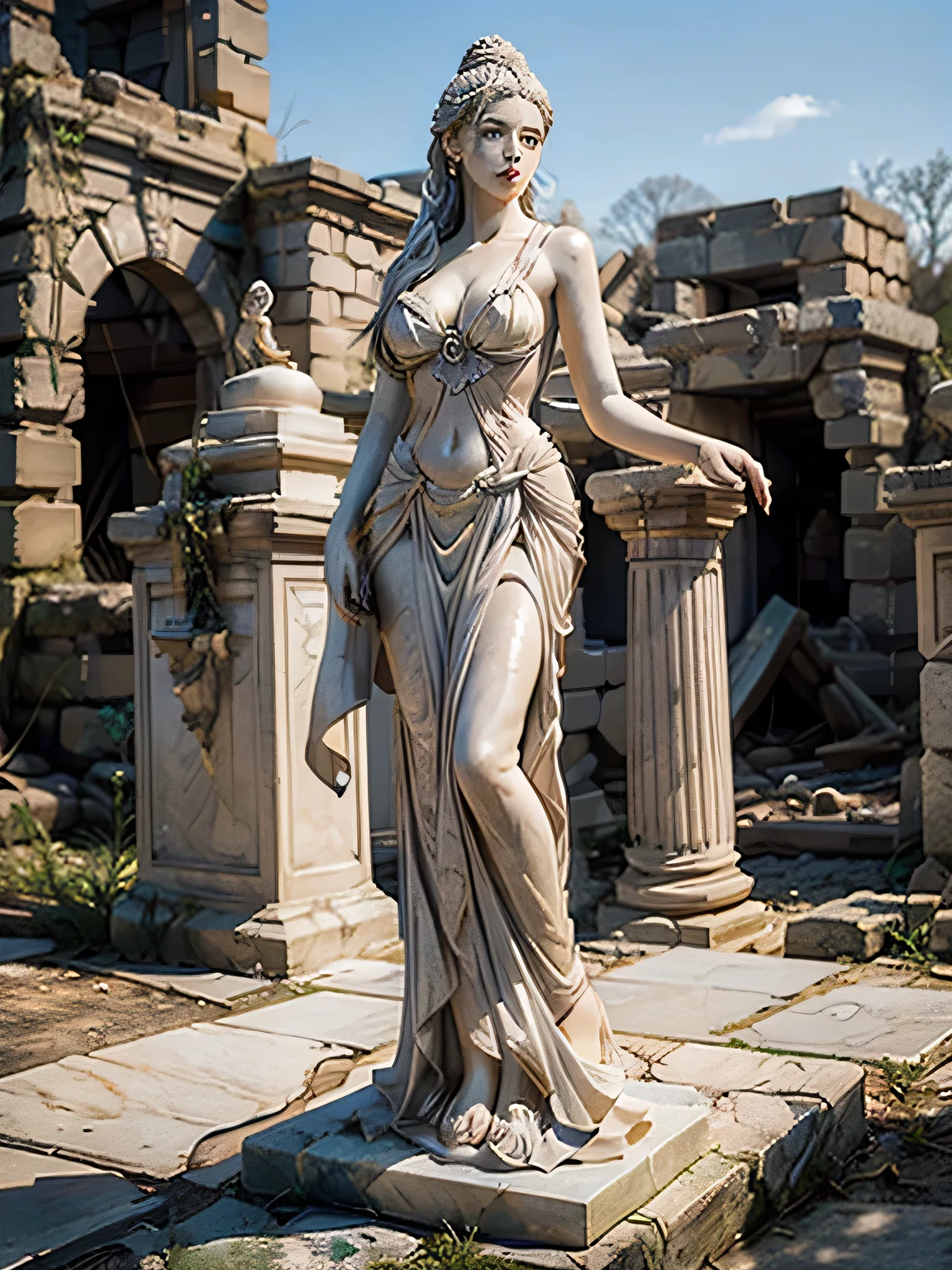 white_statue, throneroom, ( best quality、8k、 high definition 、masterpiece:1.2)、 RAW photos 、Ultra-detailed、( angle from below)、((( Ruins of an ancient city spreading out in the background )))、 full body figure 、(2 statues )、(No humans)、((There is a white marble statue of a beautiful woman standing on a stone pedestal))、( The white statue is made in detail down to the smallest detail )、( perfect anatomy :1.3)、White marble super hourglass figure、( Marble's Big Breasts Facing Upwards :1.4)、Big Marble Butts 、( recreates a beautifully detailed face and eyes in white marble)、 Beautiful Marble Flowing Hair 、(Saliva covering erect nipples )、(Super mini pelvic curtain )、( The beauty and costume are perfectly recreated in white marble down to the smallest detail )、( The statue is an emotional and dynamic pose )、Warm lighting、 Movie scene 、 erotic fantasy realism 