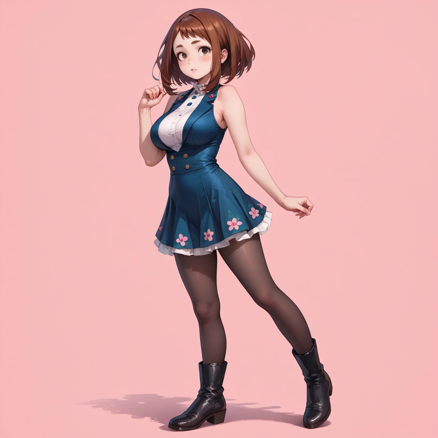 score_9, score_8_up, score_7_up, score_6_up, score_5_up, score_4_up, source_anime, hyper_realistic illustration, (solo), (full_body_shot:1.2), (full body)

ochako uraraka, brown eyes, brown hair, short hair, blush, blush stickers,solo focus, big breasts, bangs,blush

minidress with floral patterns, underwear,pantyhose, black boots

dominant pose, seductive pose,



simple pink background
