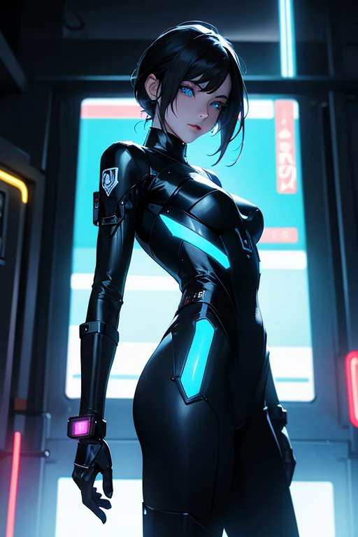 Young women,short hair,blue eyes,medium breasts,short frame,cyberpunk,scifi,bodysuit,indoors,balcony,nsfw