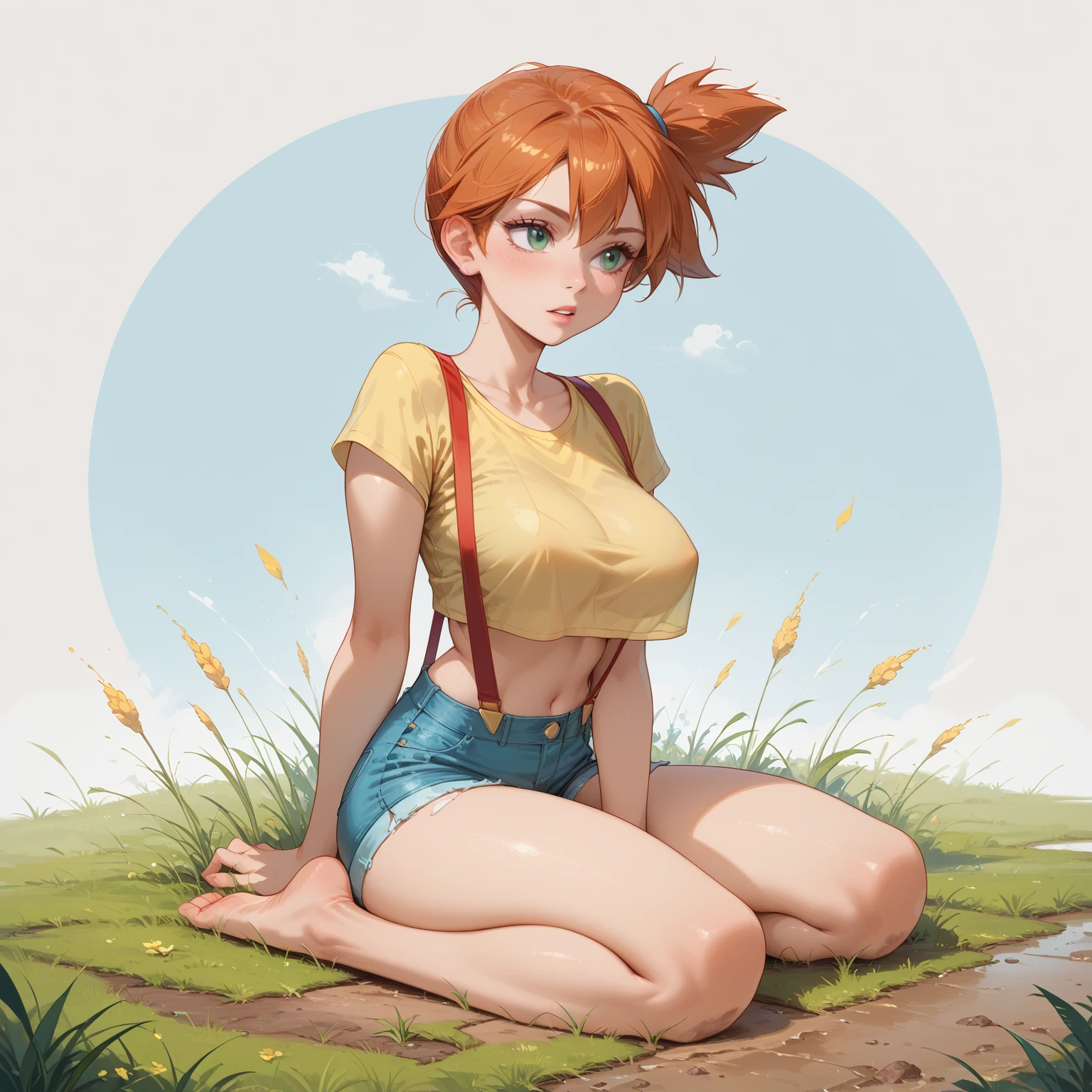 score_9, score_8_up, score_7_up, 1girl, (full body:1.2), (solo), 

misty_(pokemon), pokemon, 1girl, orange_hair, green_eyes, big breasts, looking at her breasts

yellow_crop_top, red_suspenders, denim_shorts, barefoot

sitting in a dominant pose, shirt pull, sexy dominant pose, looking away, grass, dirt floor

simple background