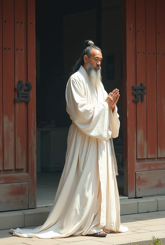 Acáis media, dark ambience, particles in air, sepia portrait of a very old and wise chinese monk, walking in chinese garden, open eyes, wide full body shot, [dressed in white], long hair and beard, detailed clothes features, grainy cinematic photography, old 35mm film, vintage, iconic shot, dramatic soft light, 18k ultra HD, intimate