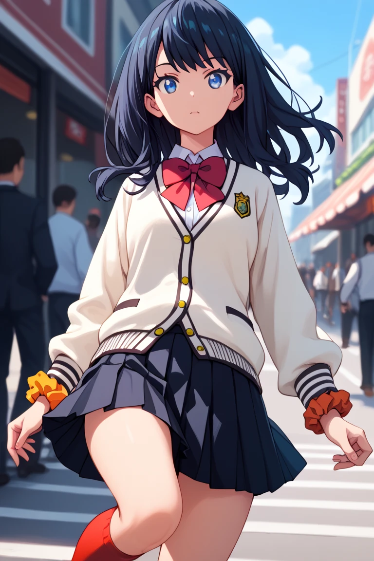 Score_9, Score_8_up, Score_7_up, Rikka Takarata, black hair, blue eyes, long hair, orange scrunchie, wrist scrunchie, black footwear, black skirt, bow, bow tie, buttons, cardigan, collared shirt, long sleeve, microskirt, pleated skirt, red bow, red bow tie, red socks, school uniform, shirt, shoes, skirt, socks, thighs, white cardigan, white shirt,, street market, vendors, street food, lively crowd, local flavor, lively, , looking towards viewer look, hands outstretched, knee up, arms down, solo, cowboy shooting, dutch angle