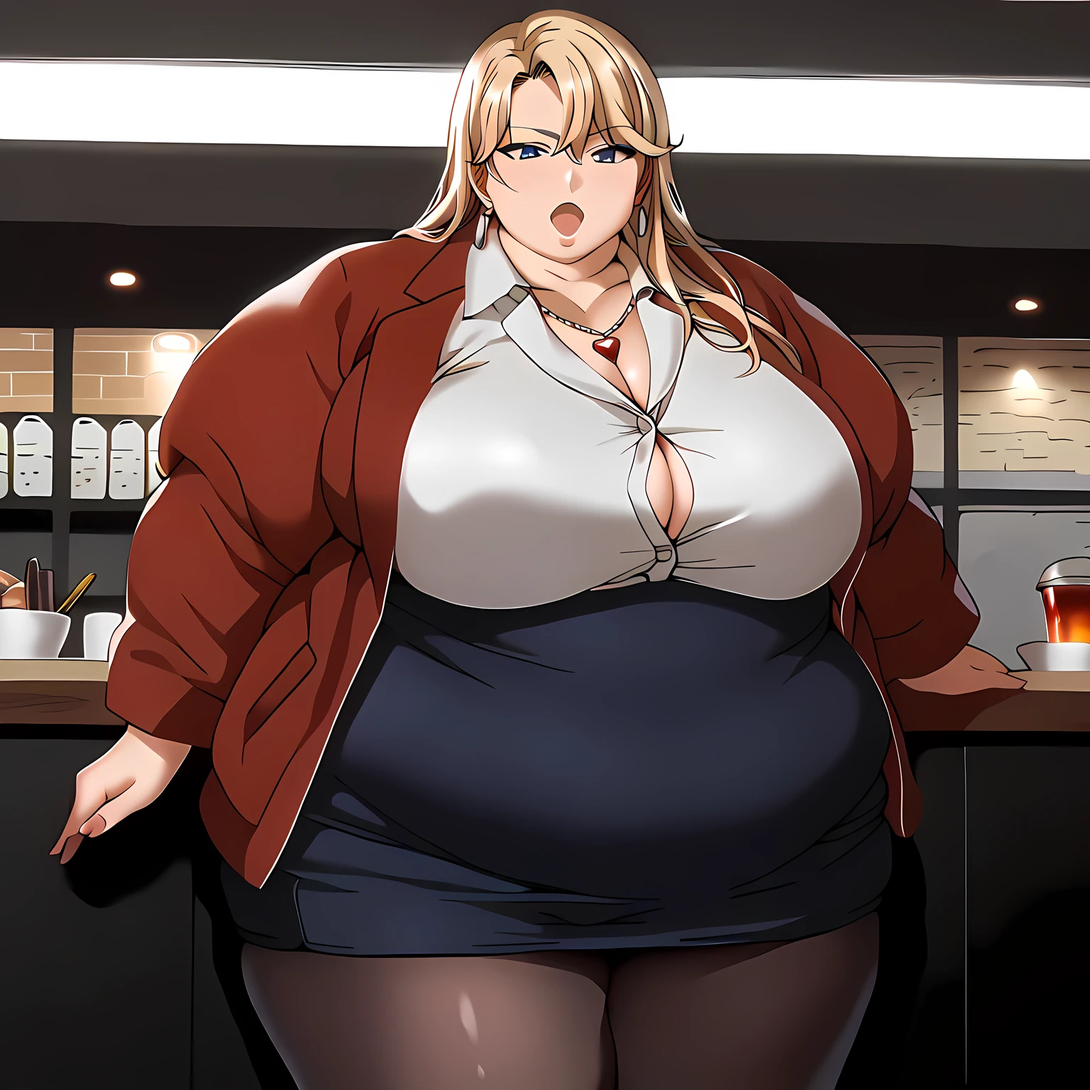 score_9, score_8_up, score_7_up, score_6_up, score_5_up, score_4_up,
source_anime, realistic,
1 girl, standing, cowboy shot, cafe,
BREAK
ReikaKurashiki, red_jacket:1.2), standing , huge breast ,cowboy shot, thick body, long_sleeves, heart_necklace, white shirt, collared shirt, pantyhose, pencil skirt, earrings, jewelry, gem, bangs, blonde_hair, blue_eyes, long_hair fat, chubby, obese, gigantic arms and legs, large breasts open mouth, out of breath