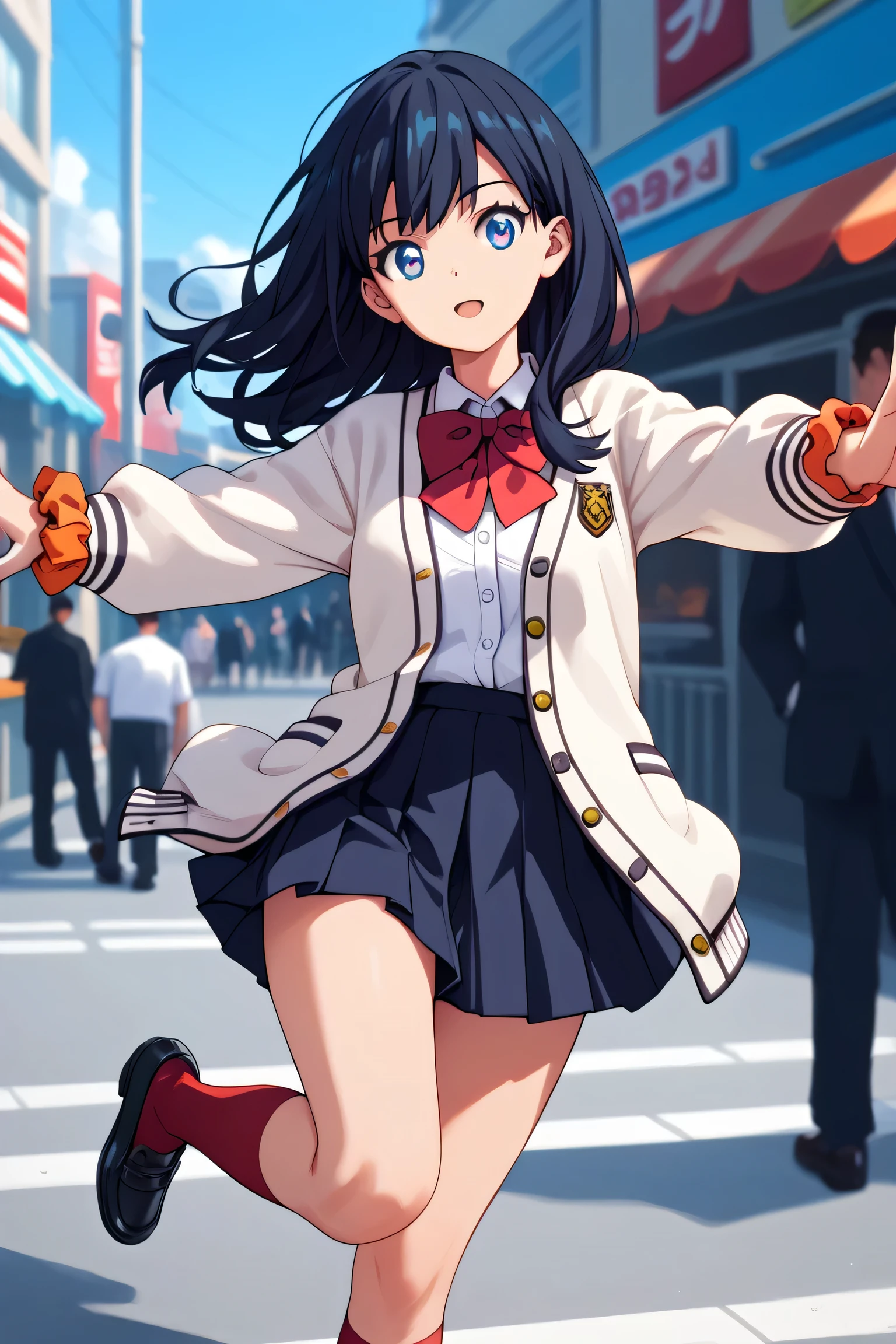 Score_9, Score_8_up, Score_7_up, Rikka Takarata, black hair, blue eyes, long hair, orange scrunchie, wrist scrunchie, black footwear, black skirt, bow, bow tie, buttons, cardigan, collared shirt, long sleeve, microskirt, pleated skirt, red bow, red bow tie, red socks, school uniform, shirt, shoes, skirt, socks, thighs, white cardigan, white shirt,, street market, vendors, street food, lively crowd, local flavor, lively, , looking towards viewer look, hands outstretched, knee up, arms down, solo, cowboy shooting, dutch angle